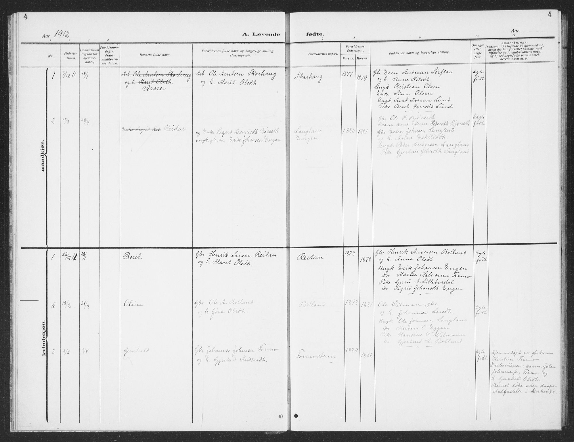 Ministerialprotokoller, klokkerbøker og fødselsregistre - Sør-Trøndelag, SAT/A-1456/693/L1124: Parish register (copy) no. 693C05, 1911-1941, p. 4