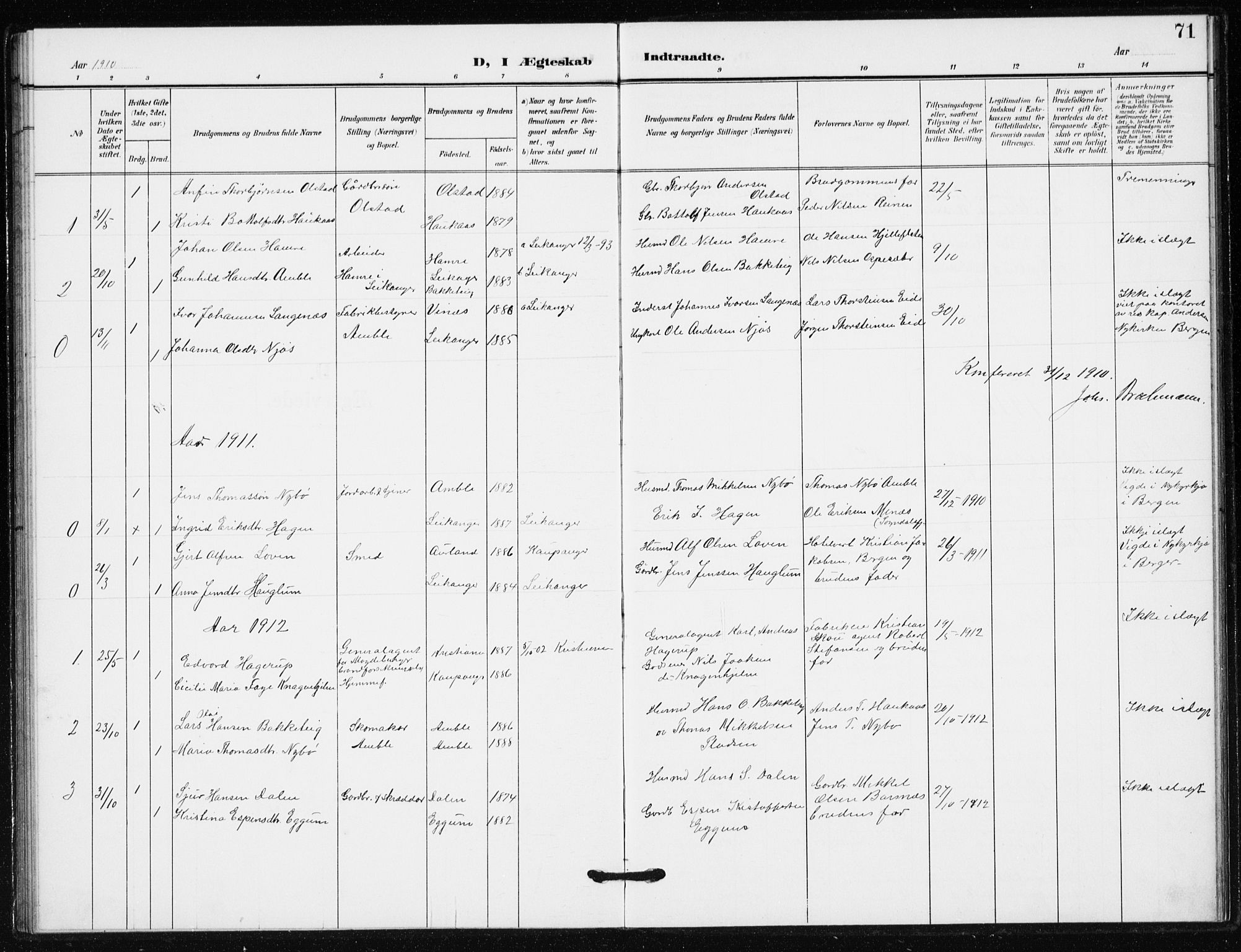 Sogndal sokneprestembete, AV/SAB-A-81301/H/Hab/Habb/L0002: Parish register (copy) no. B 2, 1908-1933, p. 71