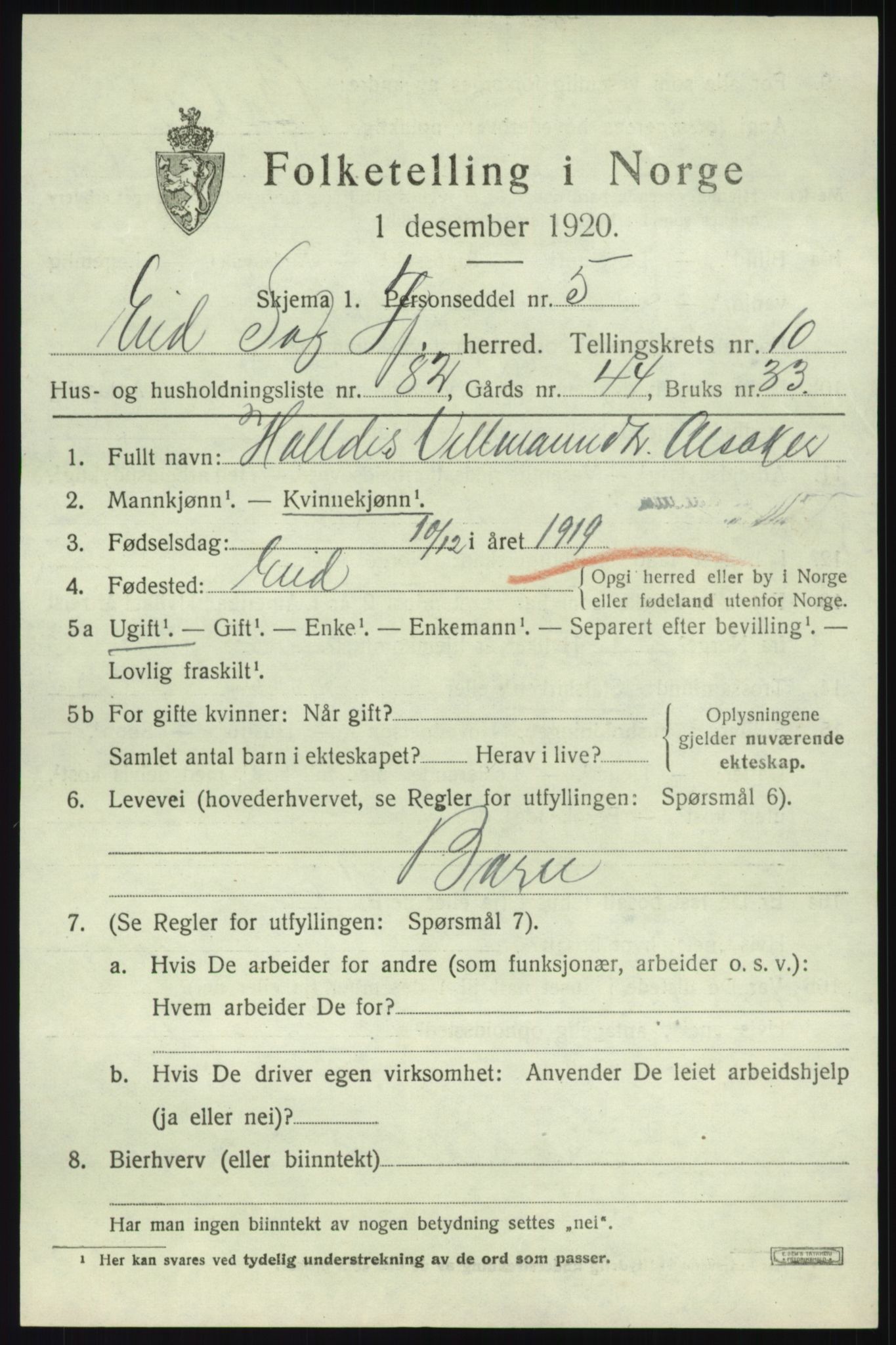 SAB, 1920 census for Eid, 1920, p. 6022