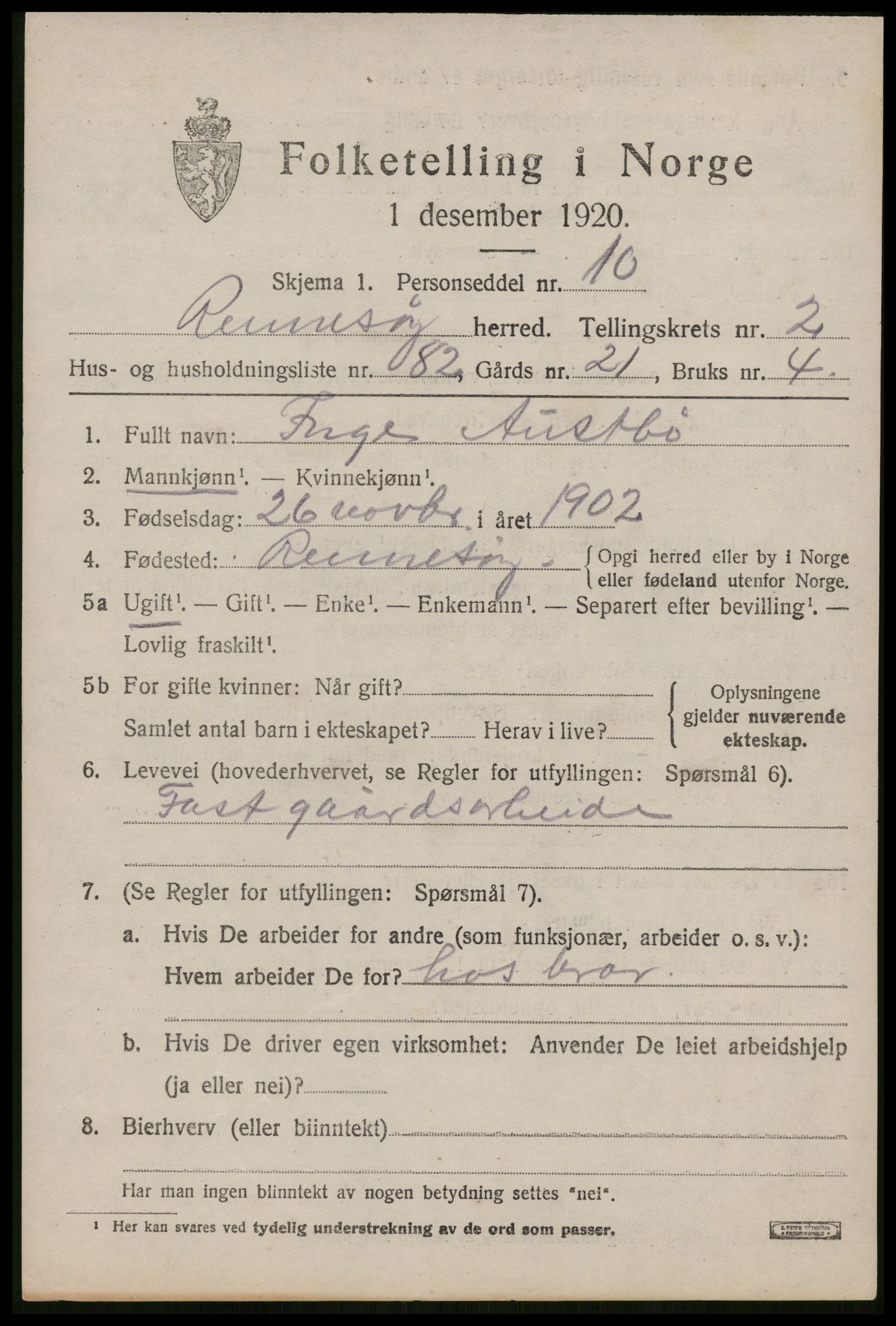 SAST, 1920 census for Rennesøy, 1920, p. 1922