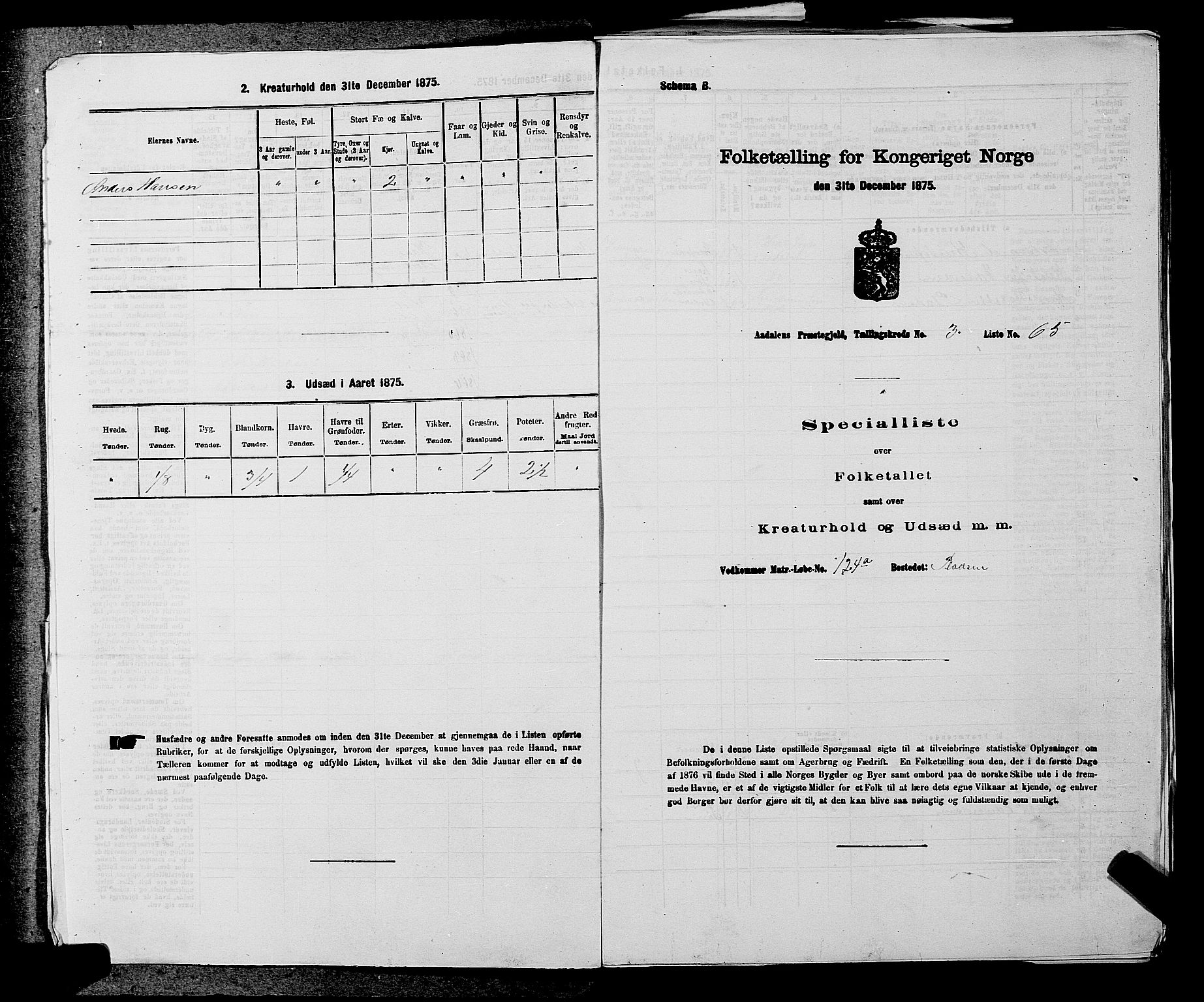 SAKO, 1875 census for 0614P Ådal, 1875, p. 457