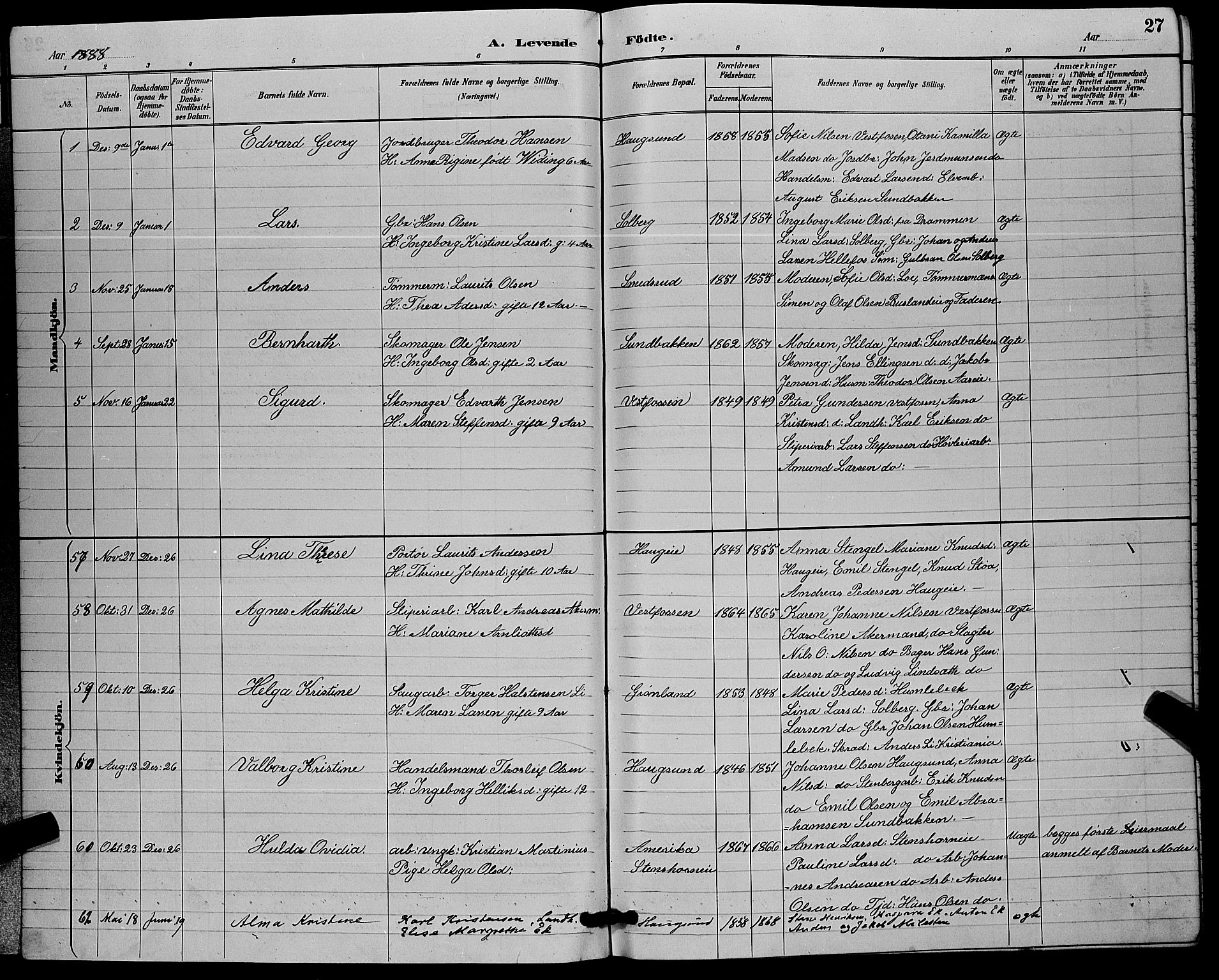 Eiker kirkebøker, SAKO/A-4/G/Ga/L0006: Parish register (copy) no. I 6, 1885-1893, p. 27