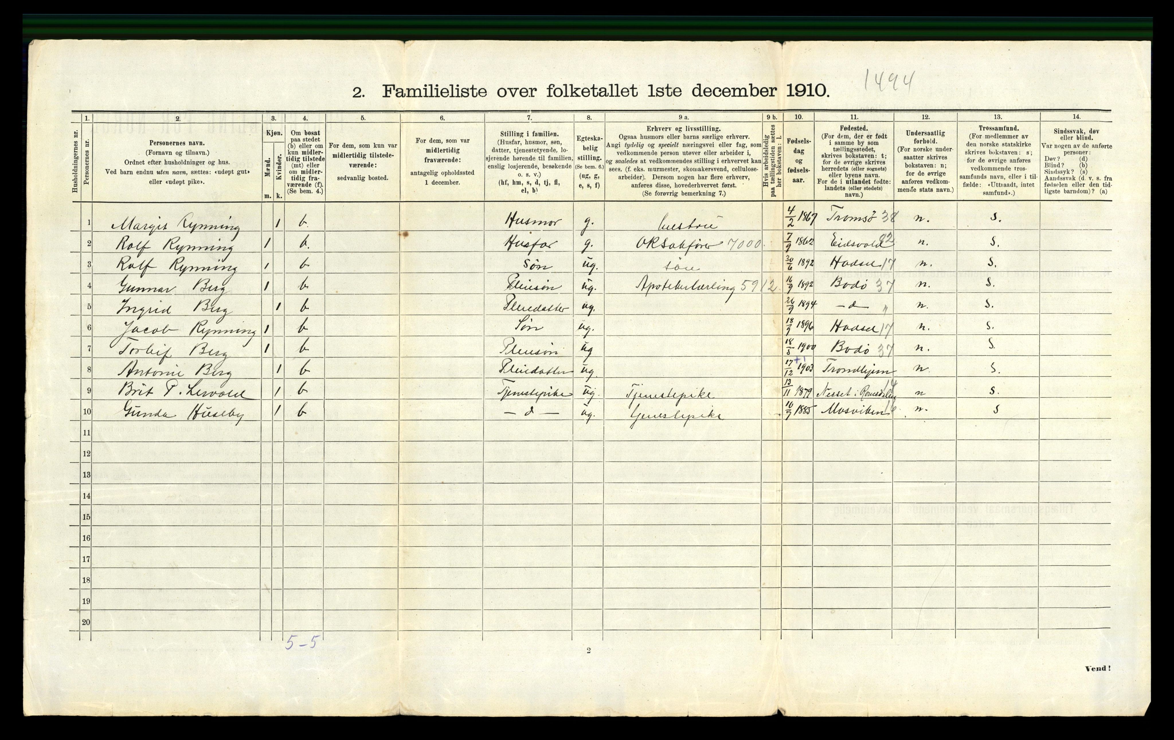 RA, 1910 census for Trondheim, 1910, p. 2446