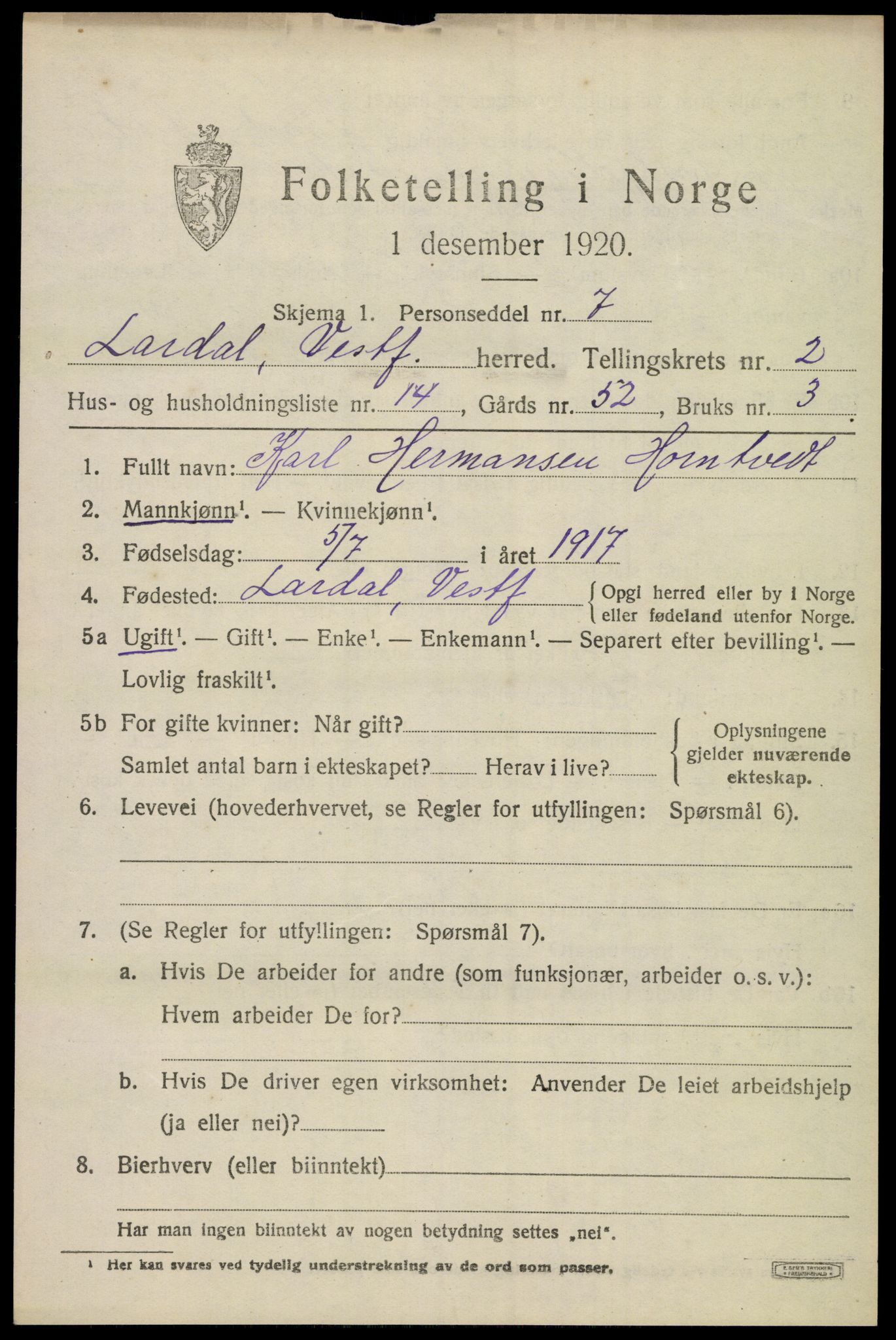 SAKO, 1920 census for Lardal, 1920, p. 2143