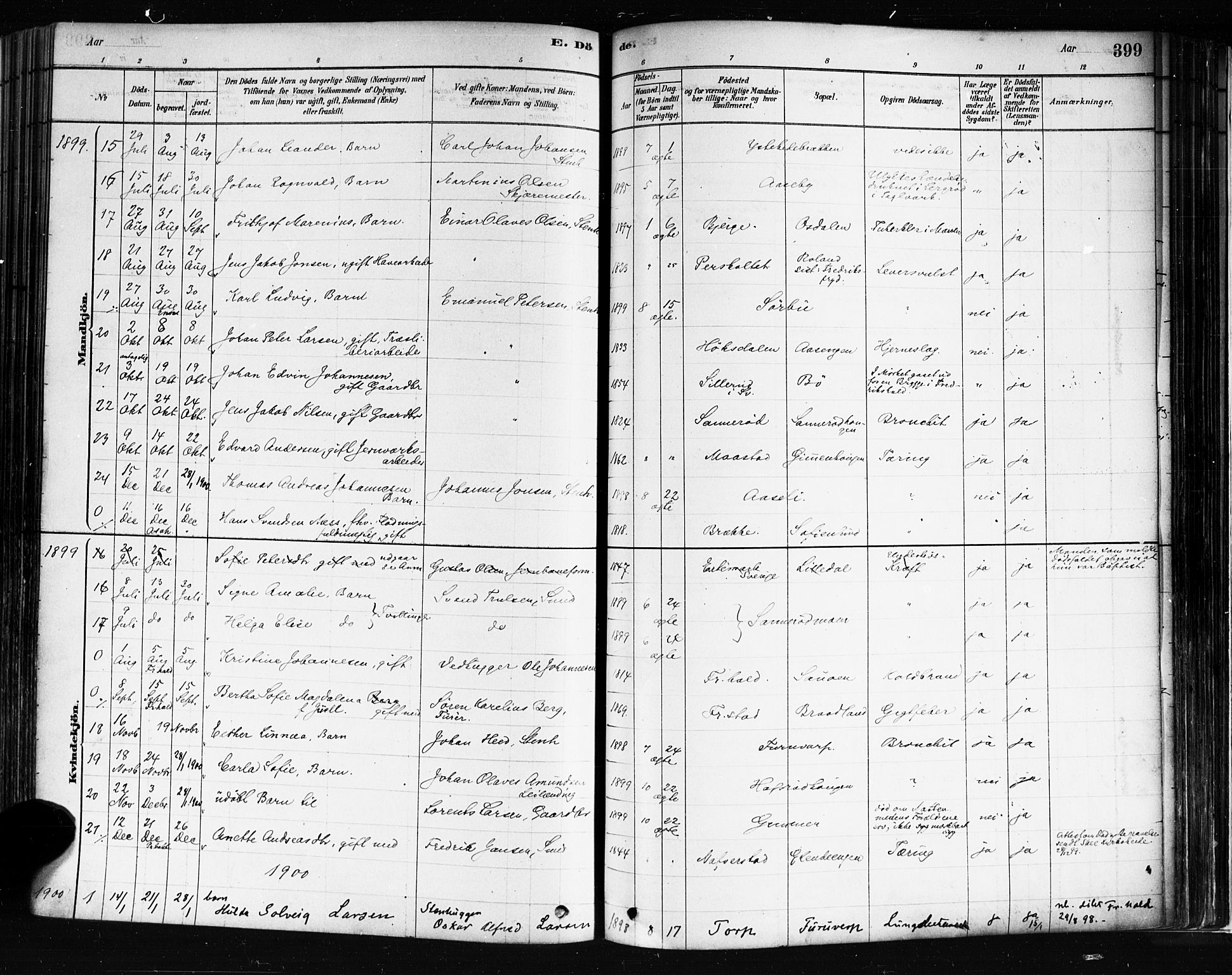 Idd prestekontor Kirkebøker, SAO/A-10911/F/Fc/L0006b: Parish register (official) no. III 6B, 1878-1903, p. 399