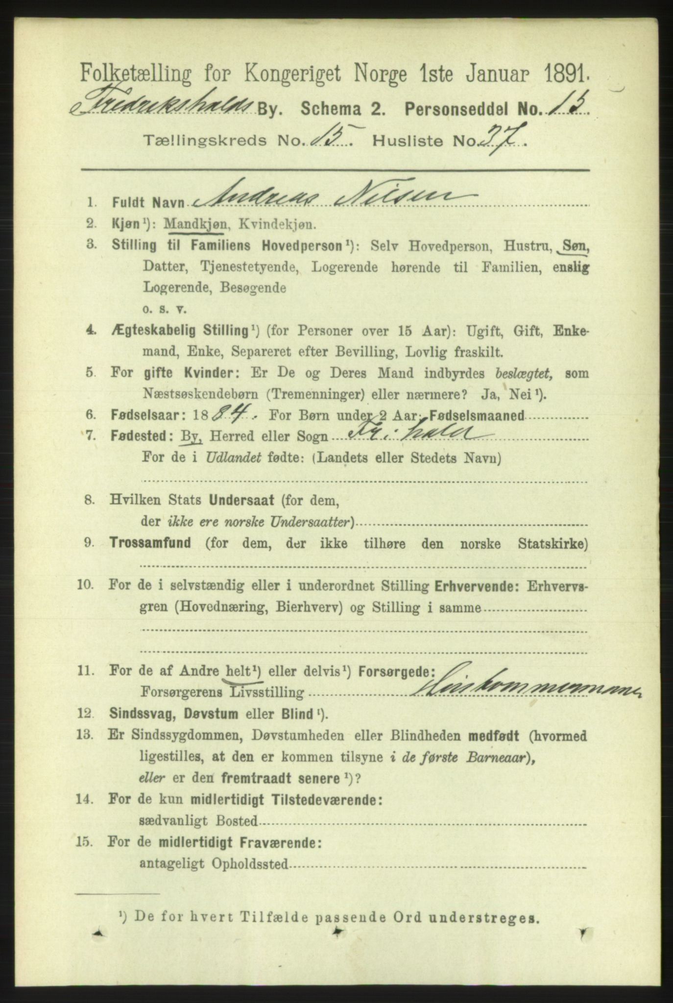 RA, 1891 census for 0101 Fredrikshald, 1891, p. 9892