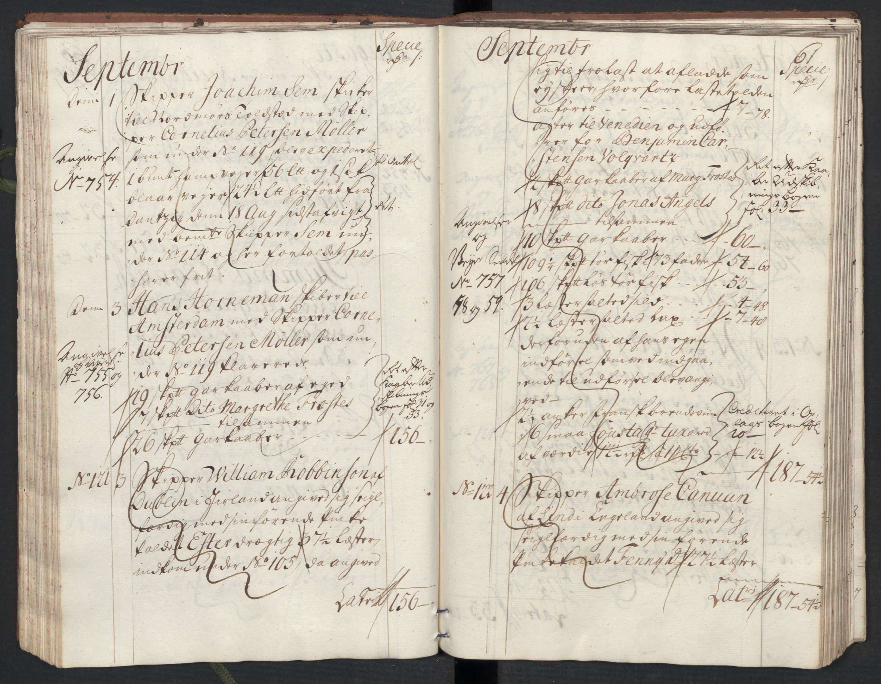 Generaltollkammeret, tollregnskaper, AV/RA-EA-5490/R33/L0013/0002: Tollregnskaper Trondheim A / Utgående tollbok, 1731, p. 60b-61a