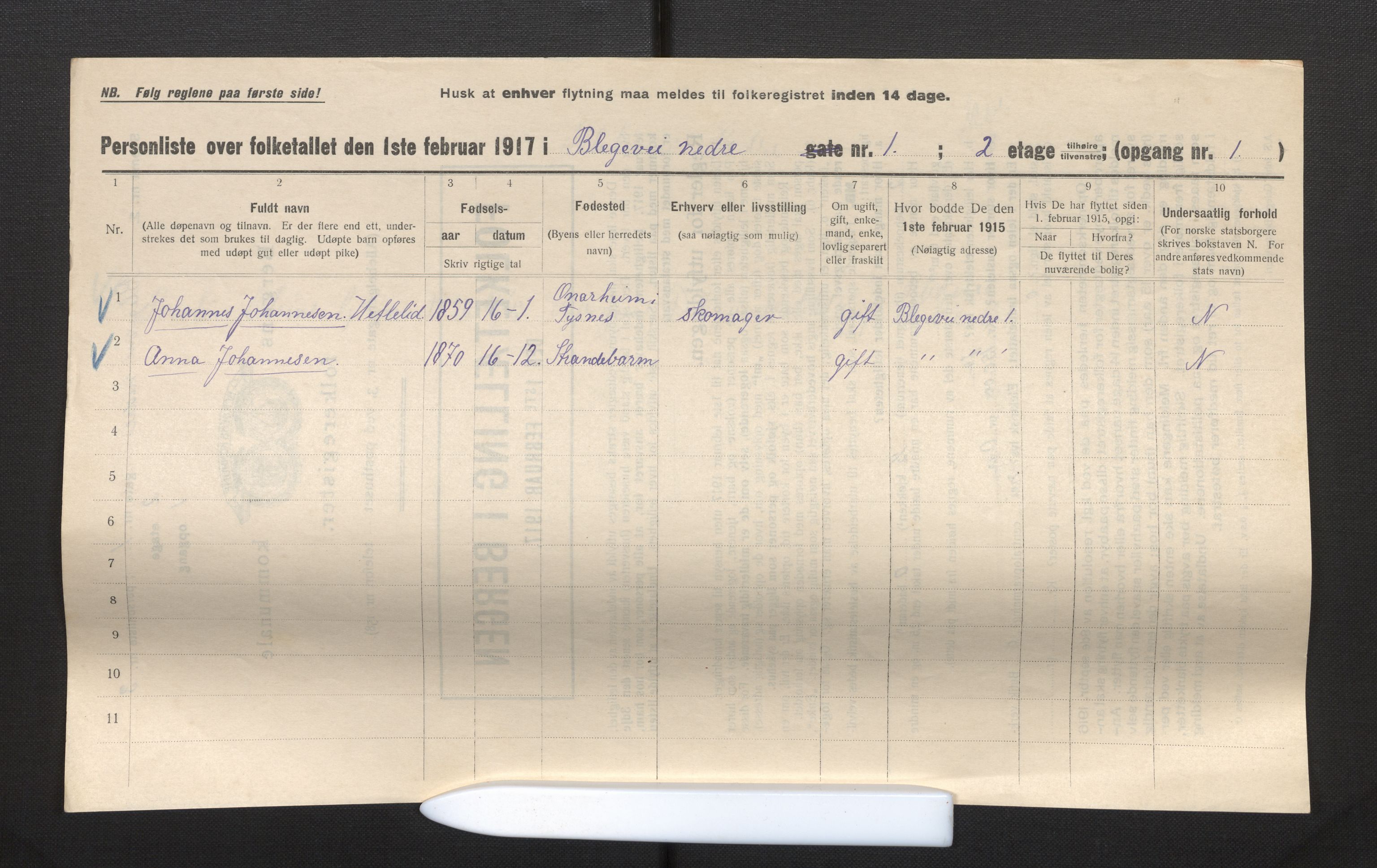 SAB, Municipal Census 1917 for Bergen, 1917, p. 2835