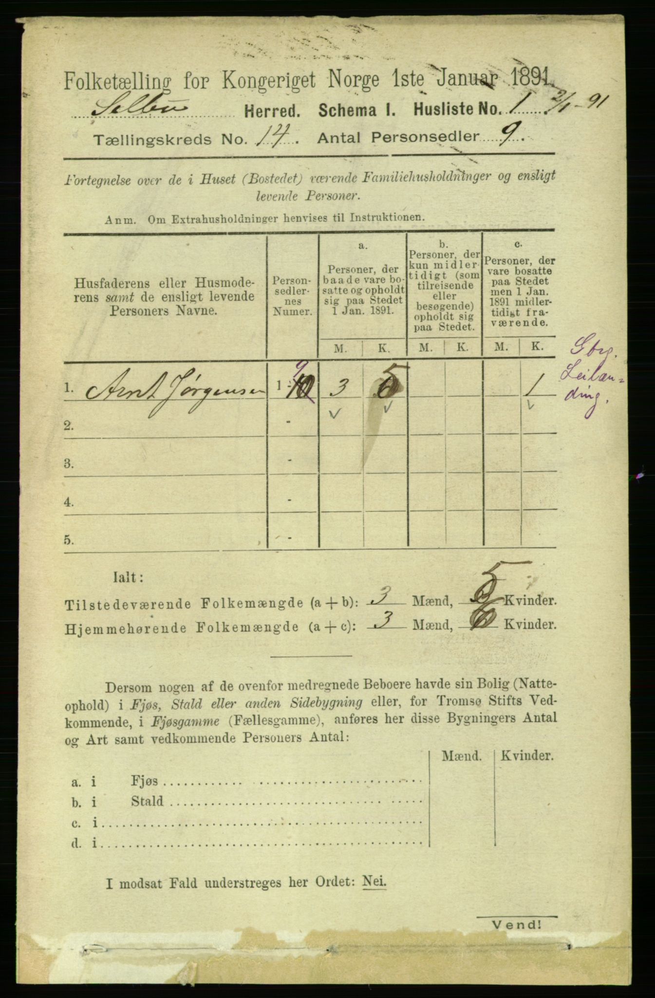 RA, 1891 census for 1664 Selbu, 1891, p. 5016