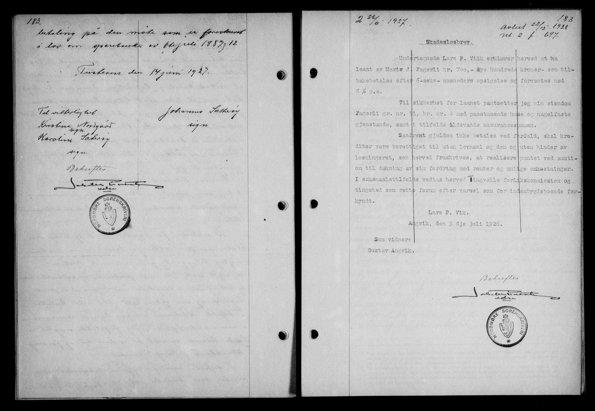 Nordmøre sorenskriveri, AV/SAT-A-4132/1/2/2Ca/L0062: Mortgage book no. 52, 1927-1927, Deed date: 23.06.1927