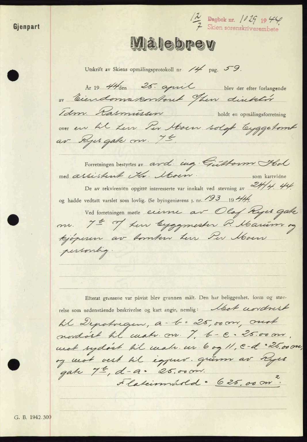 Skien sorenskriveri, AV/SAKO-A-225/G/Ga/Gaa/L0008: Mortgage book no. A-8, 1943-1944, Diary no: : 1029/1944