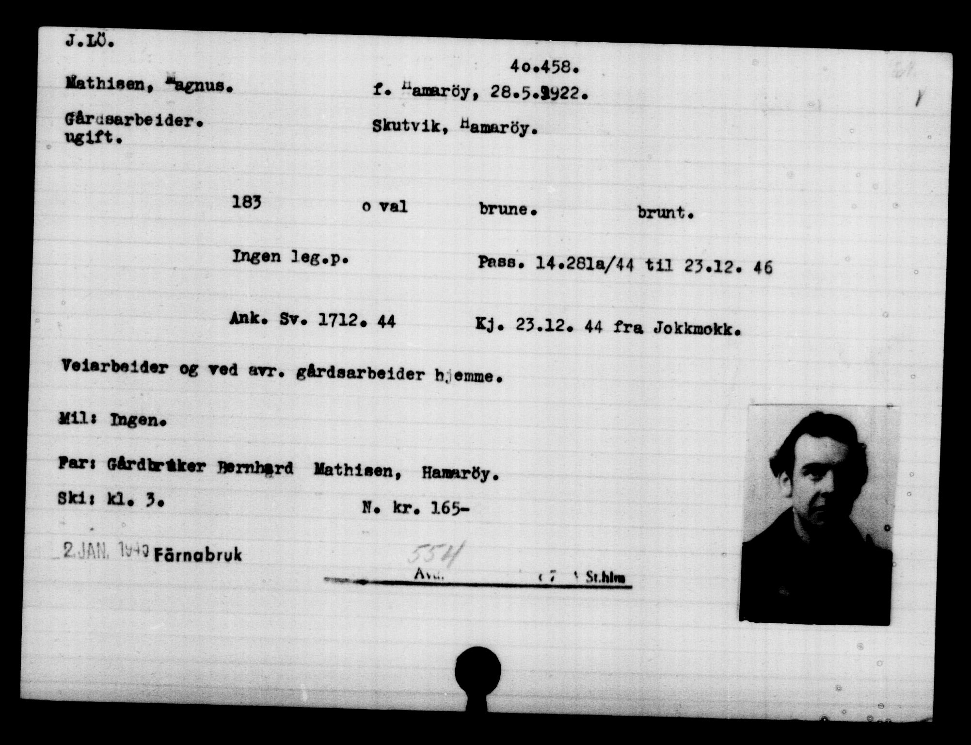 Utenriksstasjonene, Legasjonen i Stockholm, Flyktningkontoret, AV/RA-S-6753/V/Va/L0015: Kjesäterkartoteket, flyktninger med registreringsnr. 37800-40770, 1940-1945, p. 2763