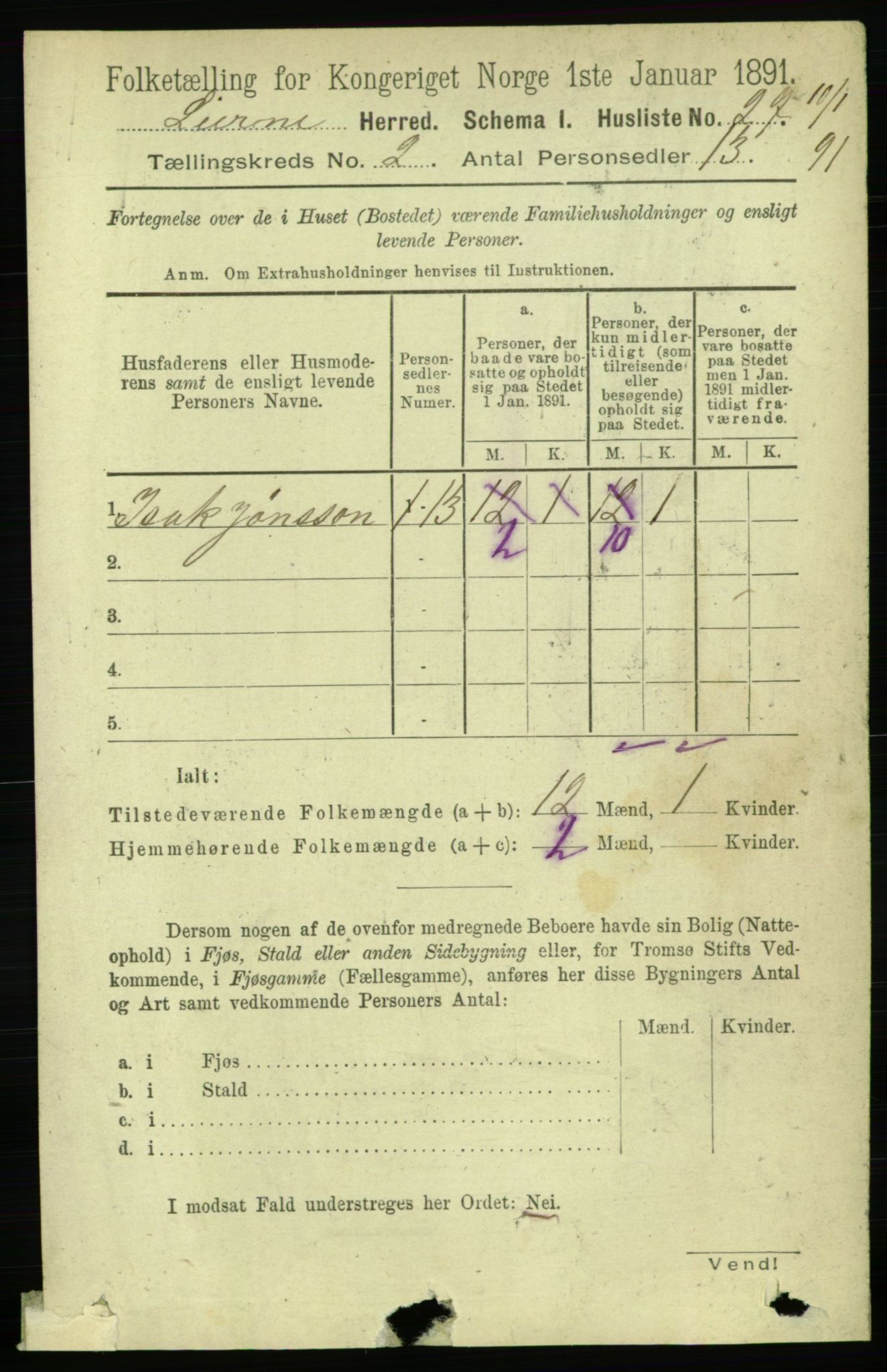 RA, 1891 census for 1737 Lierne, 1891, p. 530