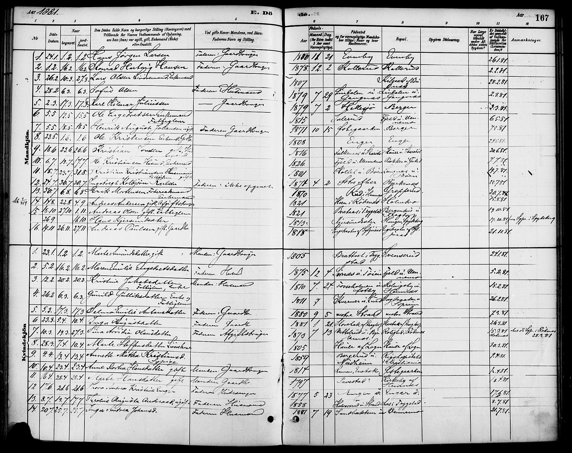 Høland prestekontor Kirkebøker, SAO/A-10346a/F/Fb/L0001: Parish register (official) no. II 1, 1880-1897, p. 167