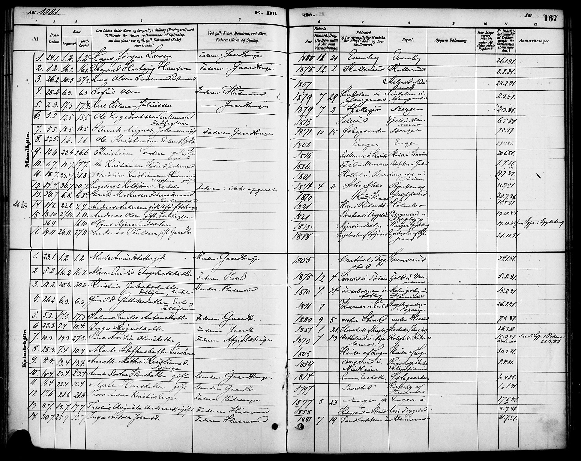 Høland prestekontor Kirkebøker, AV/SAO-A-10346a/F/Fb/L0001: Parish register (official) no. II 1, 1880-1897, p. 167