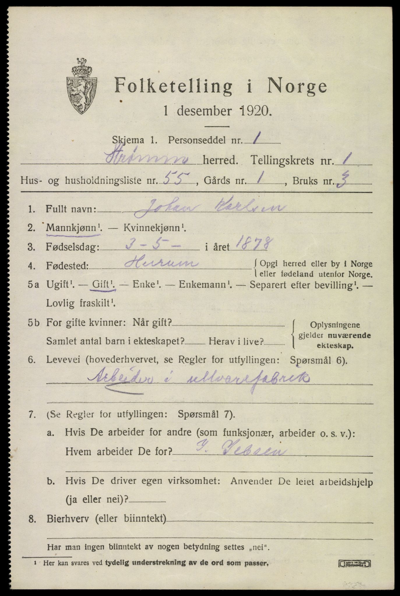 SAKO, 1920 census for Strømm, 1920, p. 1487