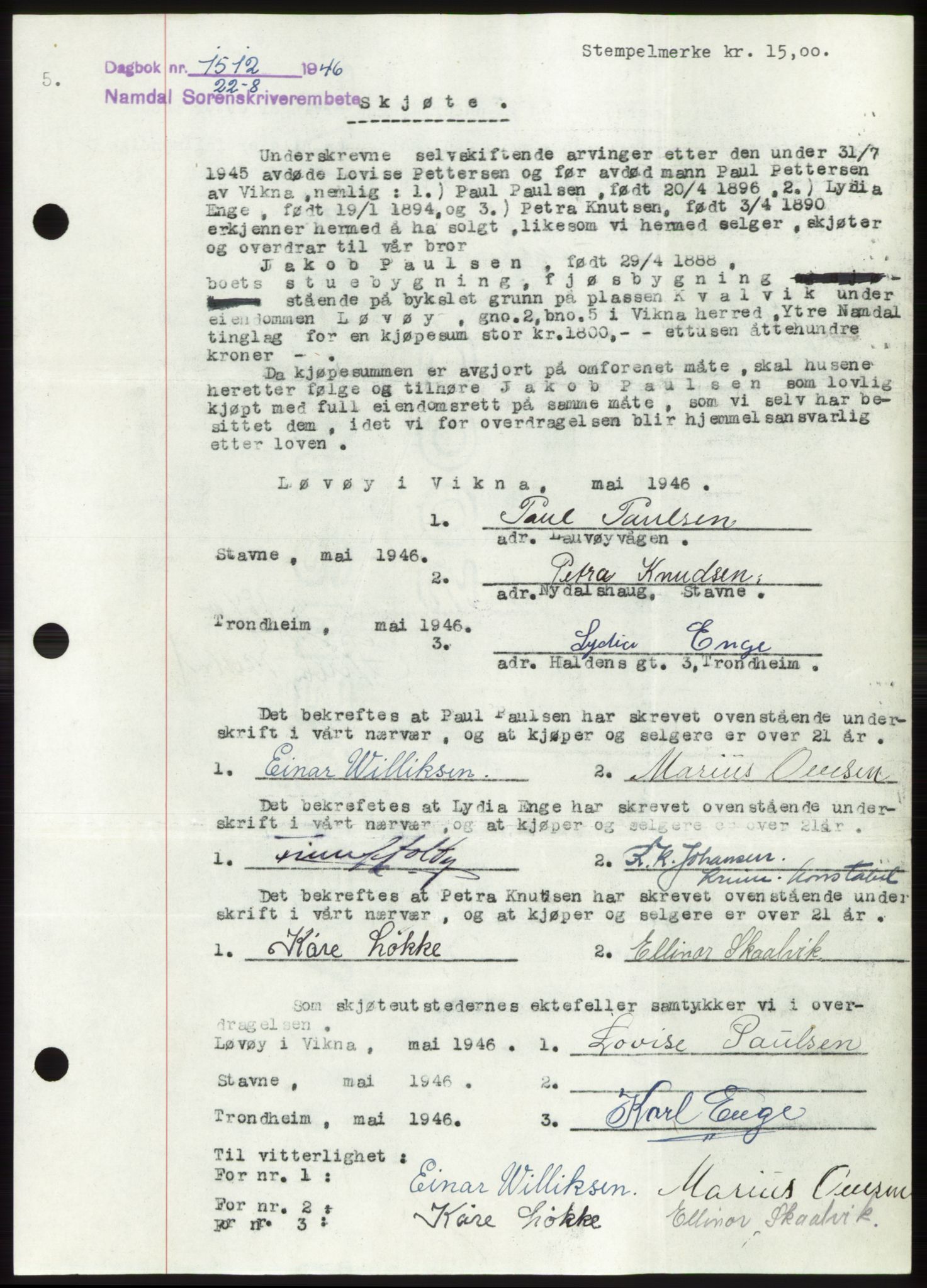 Namdal sorenskriveri, AV/SAT-A-4133/1/2/2C: Mortgage book no. -, 1946-1946, Diary no: : 1512/1946