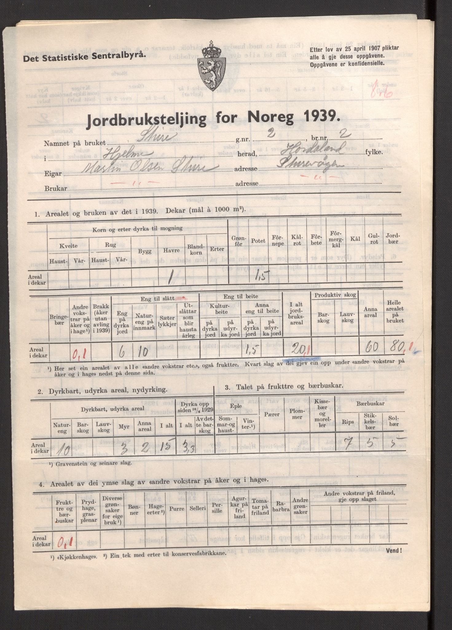 Statistisk sentralbyrå, Næringsøkonomiske emner, Jordbruk, skogbruk, jakt, fiske og fangst, AV/RA-S-2234/G/Gb/L0211: Hordaland: Herdla, Hjelme og Manger, 1939, p. 1369