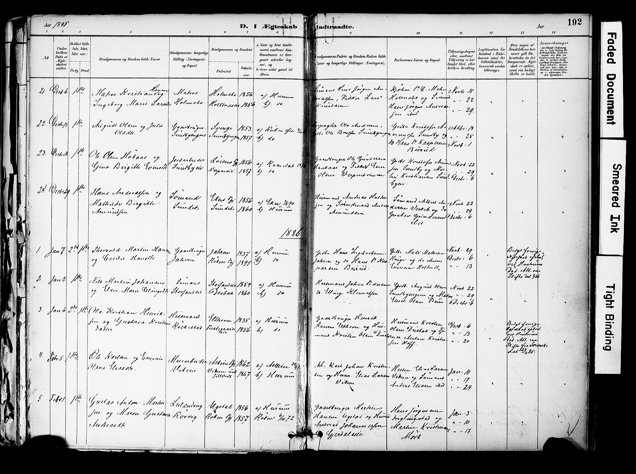 Hurum kirkebøker, SAKO/A-229/F/Fa/L0014: Parish register (official) no. 14, 1882-1895, p. 192