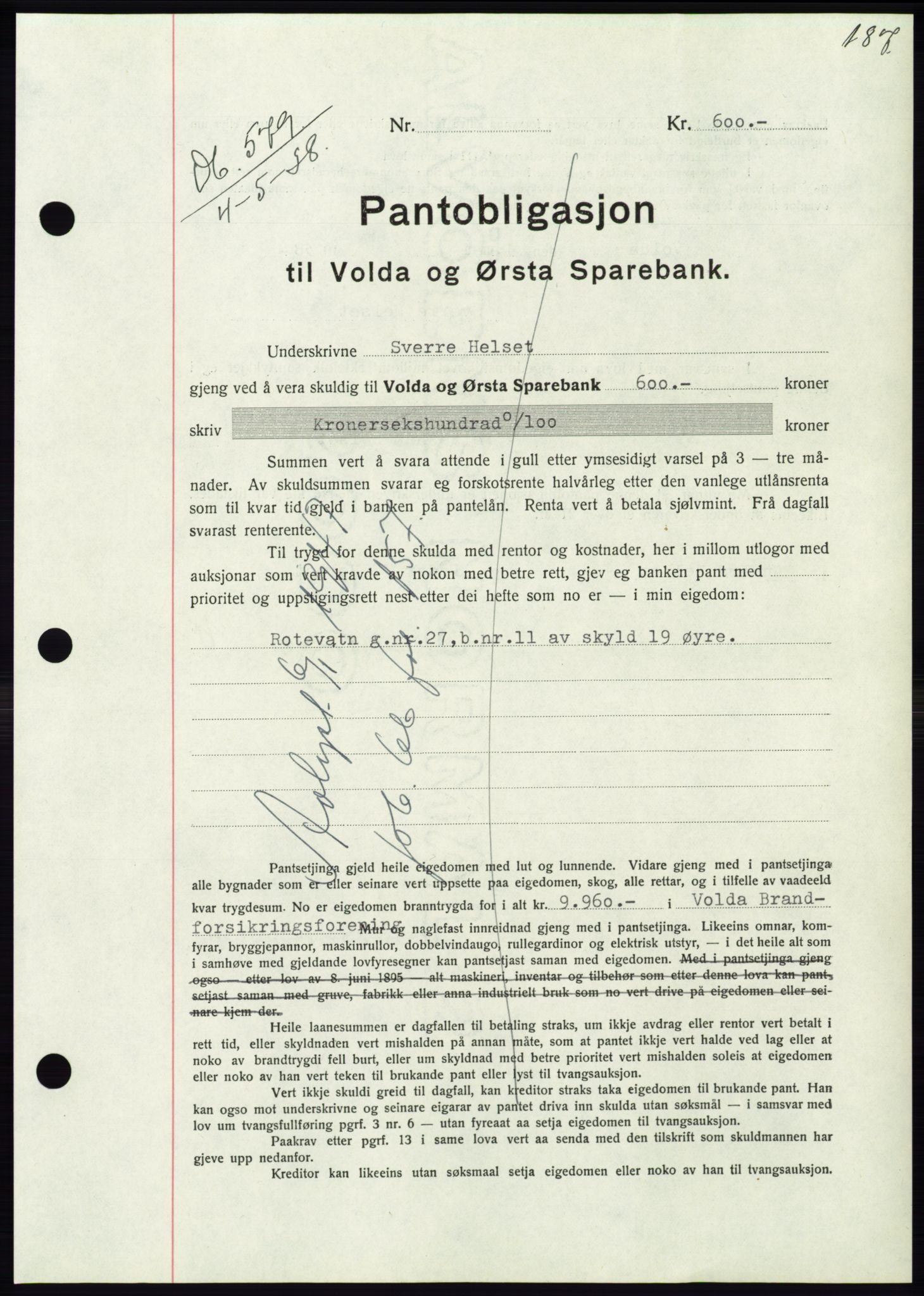 Søre Sunnmøre sorenskriveri, AV/SAT-A-4122/1/2/2C/L0065: Mortgage book no. 59, 1938-1938, Diary no: : 579/1938