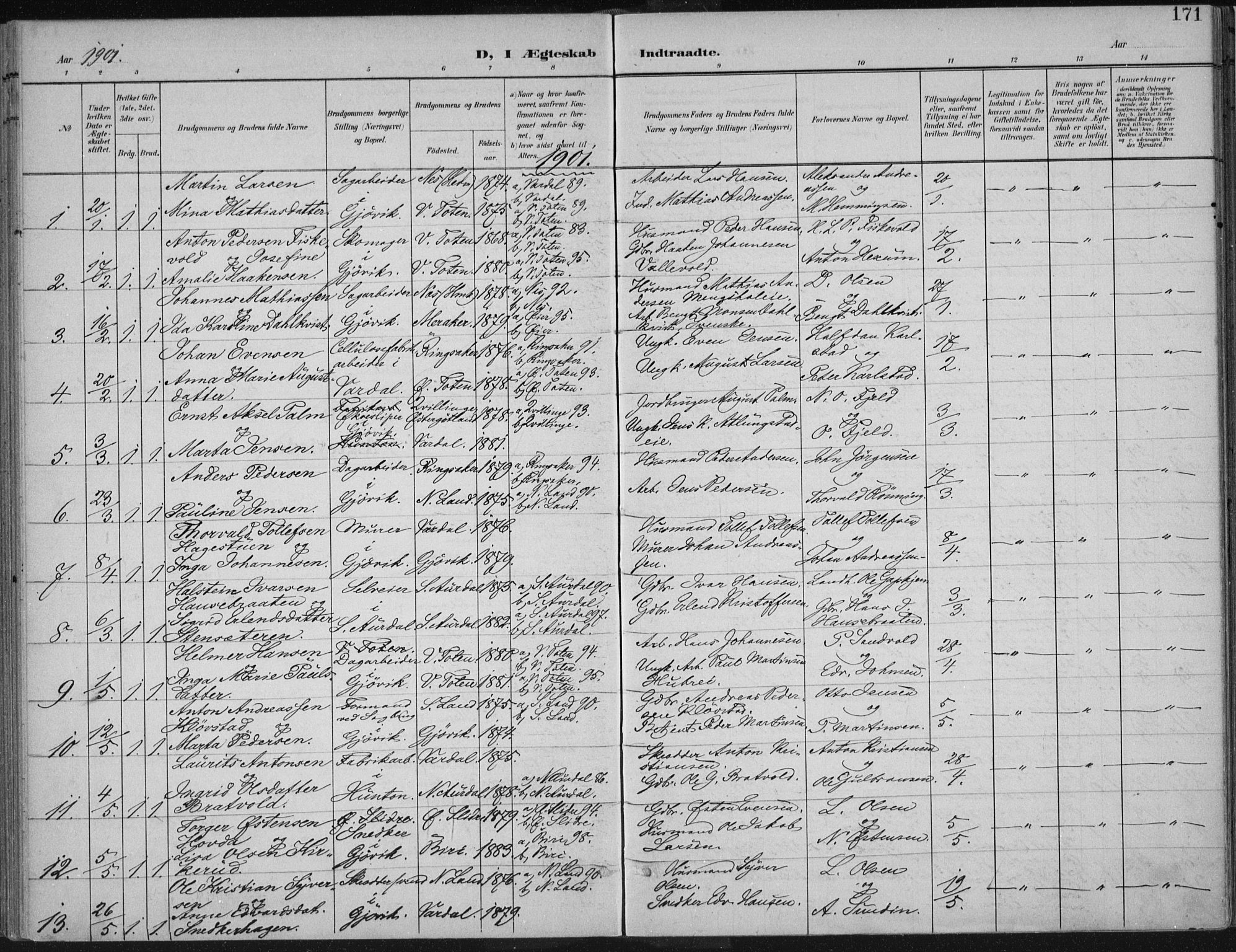 Vardal prestekontor, SAH/PREST-100/H/Ha/Haa/L0013: Parish register (official) no. 13, 1901-1911, p. 171