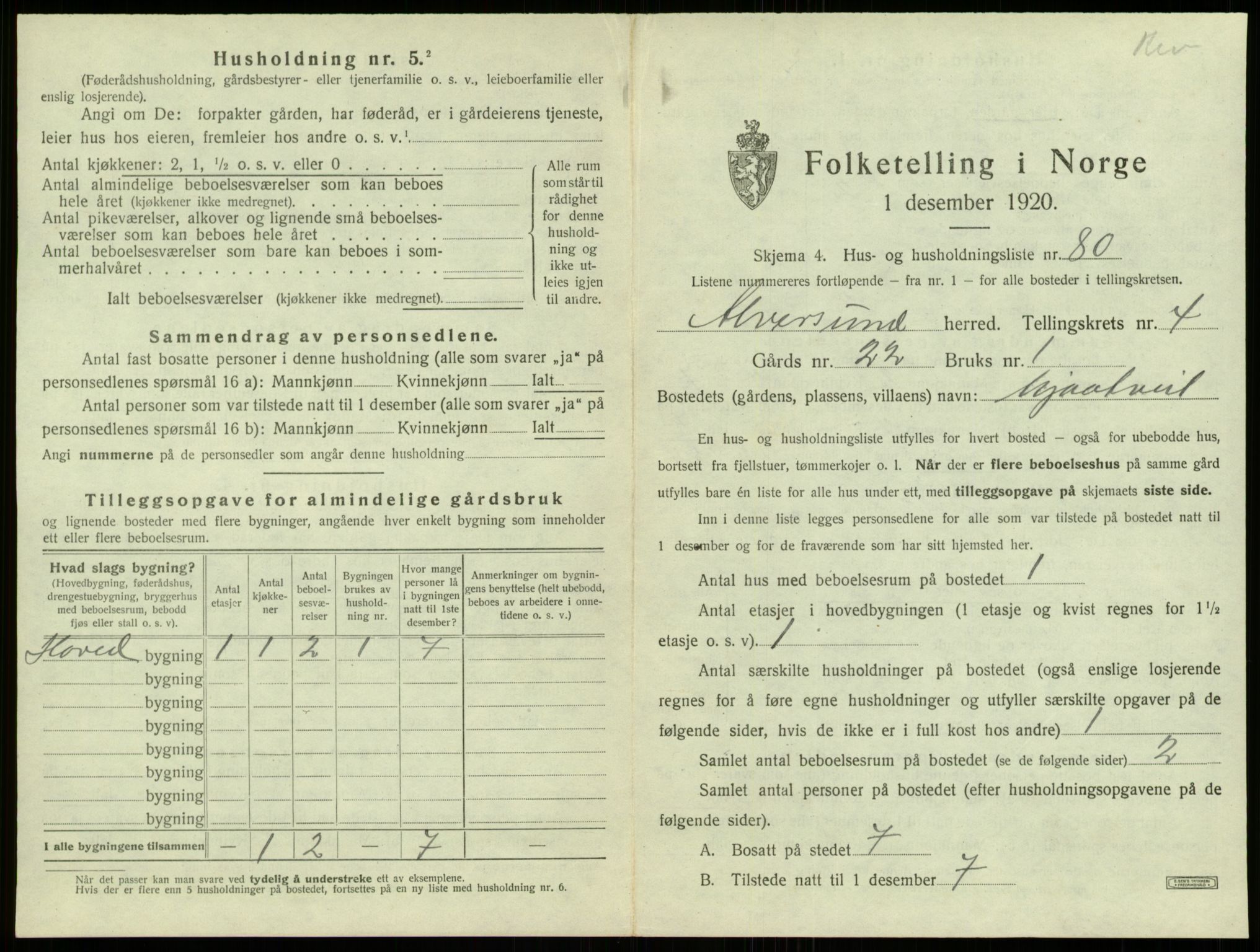 SAB, 1920 census for Alversund, 1920, p. 435