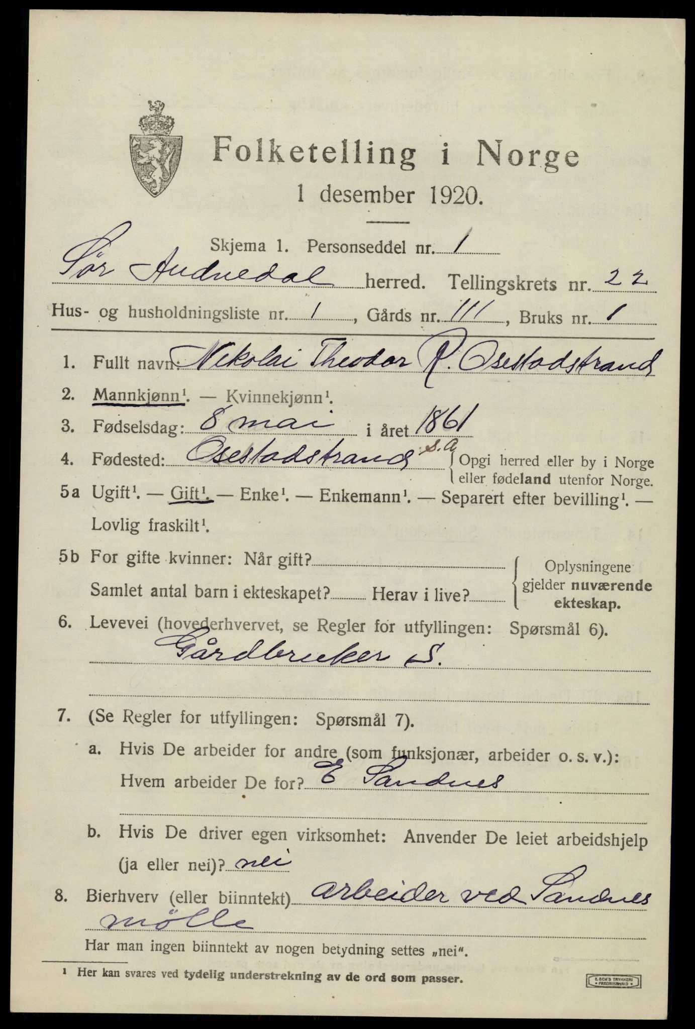 SAK, 1920 census for Sør-Audnedal, 1920, p. 7099