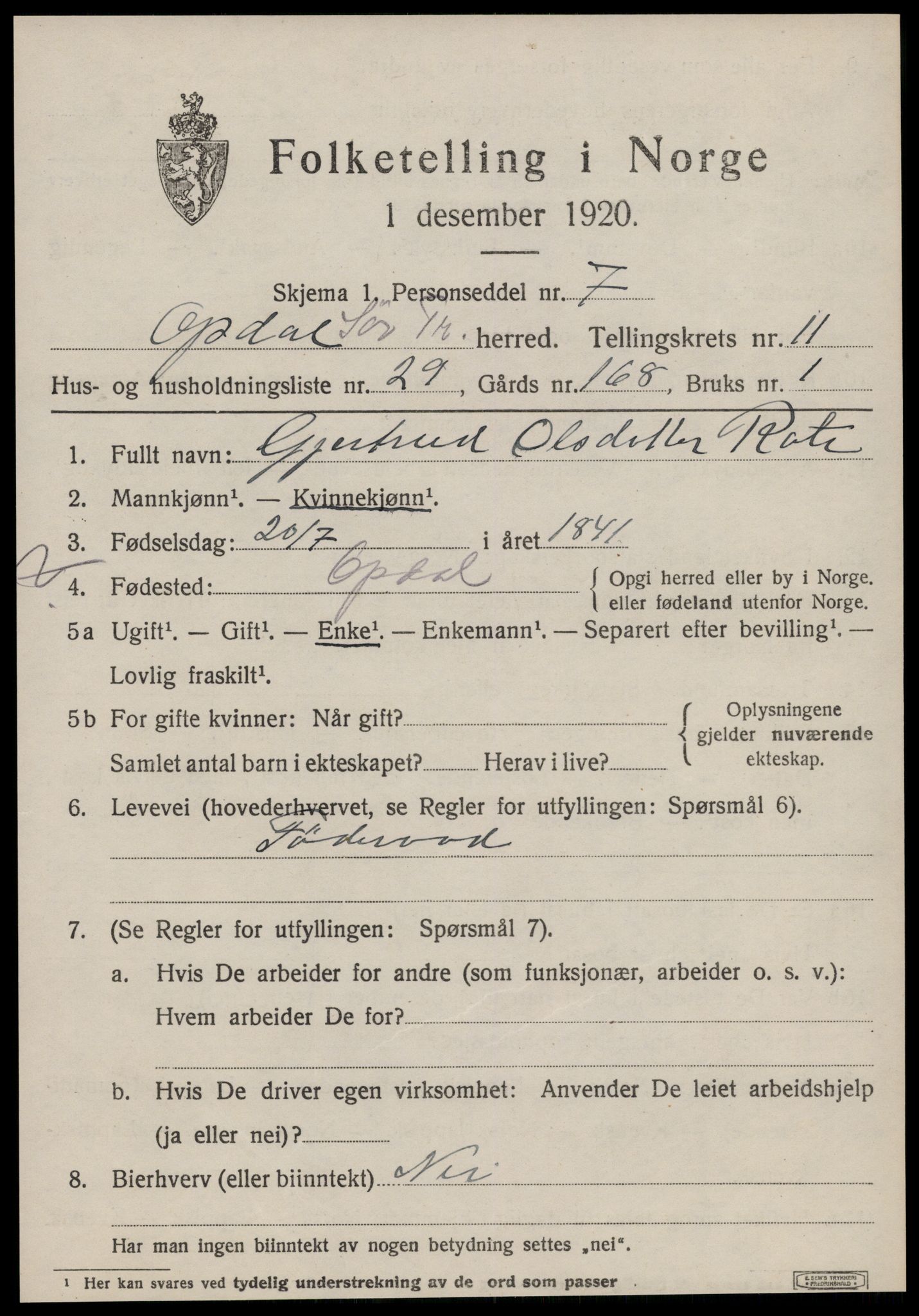 SAT, 1920 census for Oppdal, 1920, p. 9567