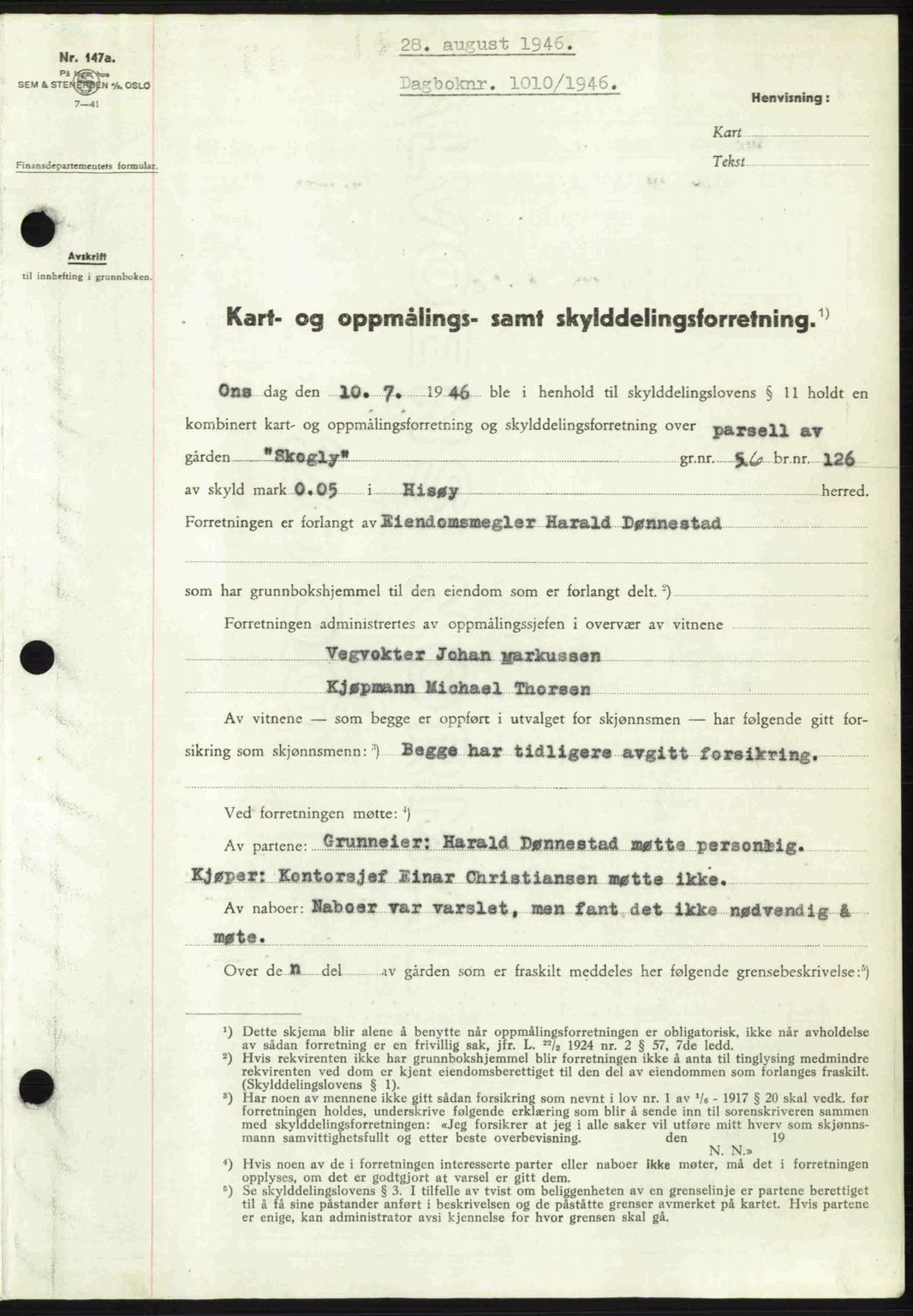 Nedenes sorenskriveri, SAK/1221-0006/G/Gb/Gba/L0056: Mortgage book no. A8, 1946-1947, Diary no: : 1010/1946