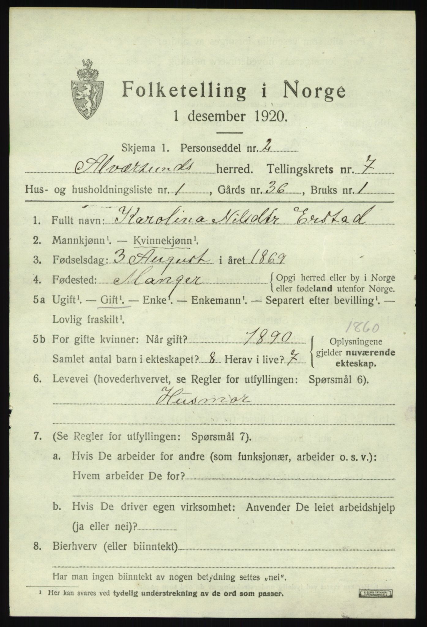 SAB, 1920 census for Alversund, 1920, p. 4652