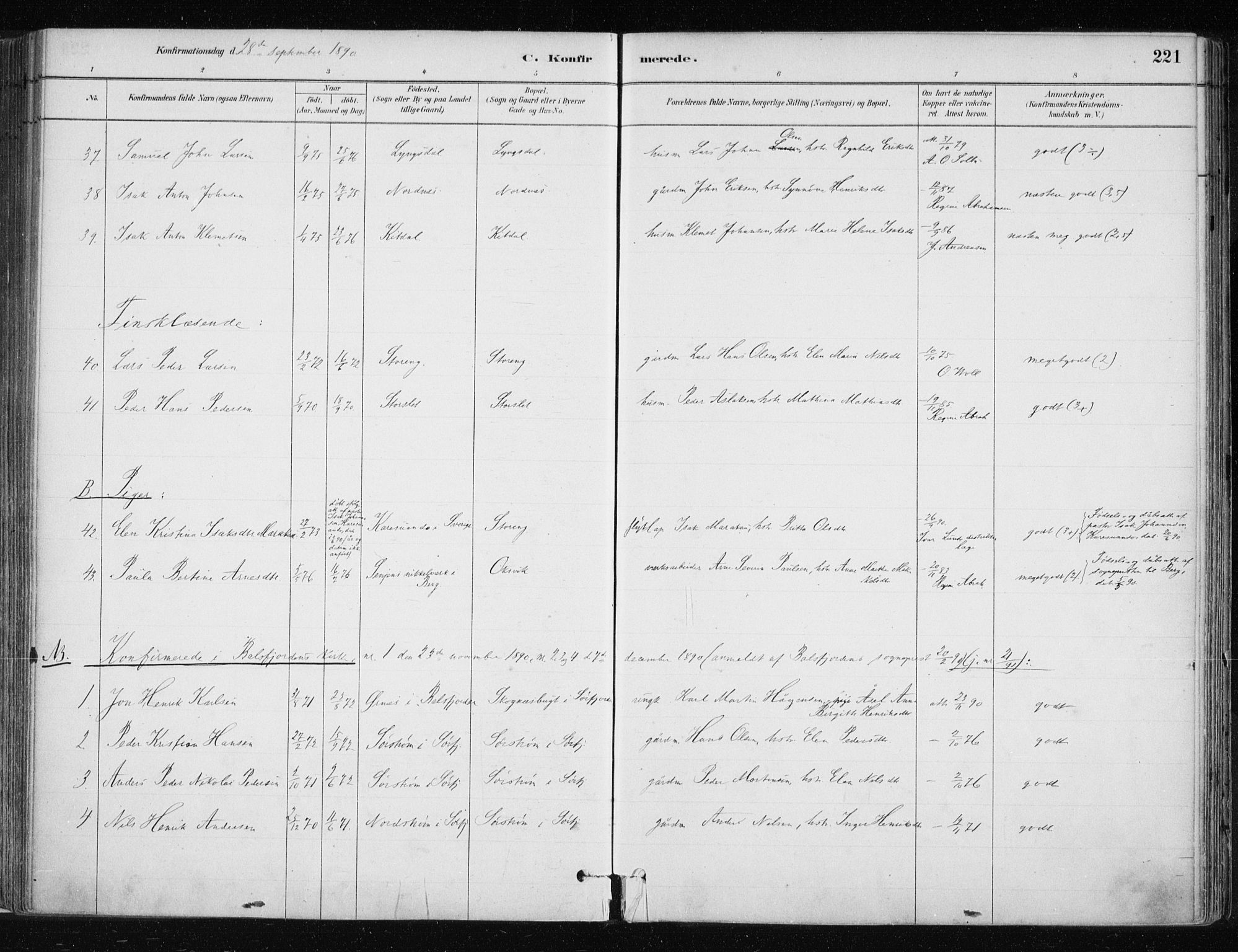 Lyngen sokneprestembete, AV/SATØ-S-1289/H/He/Hea/L0007kirke: Parish register (official) no. 7, 1879-1890, p. 221