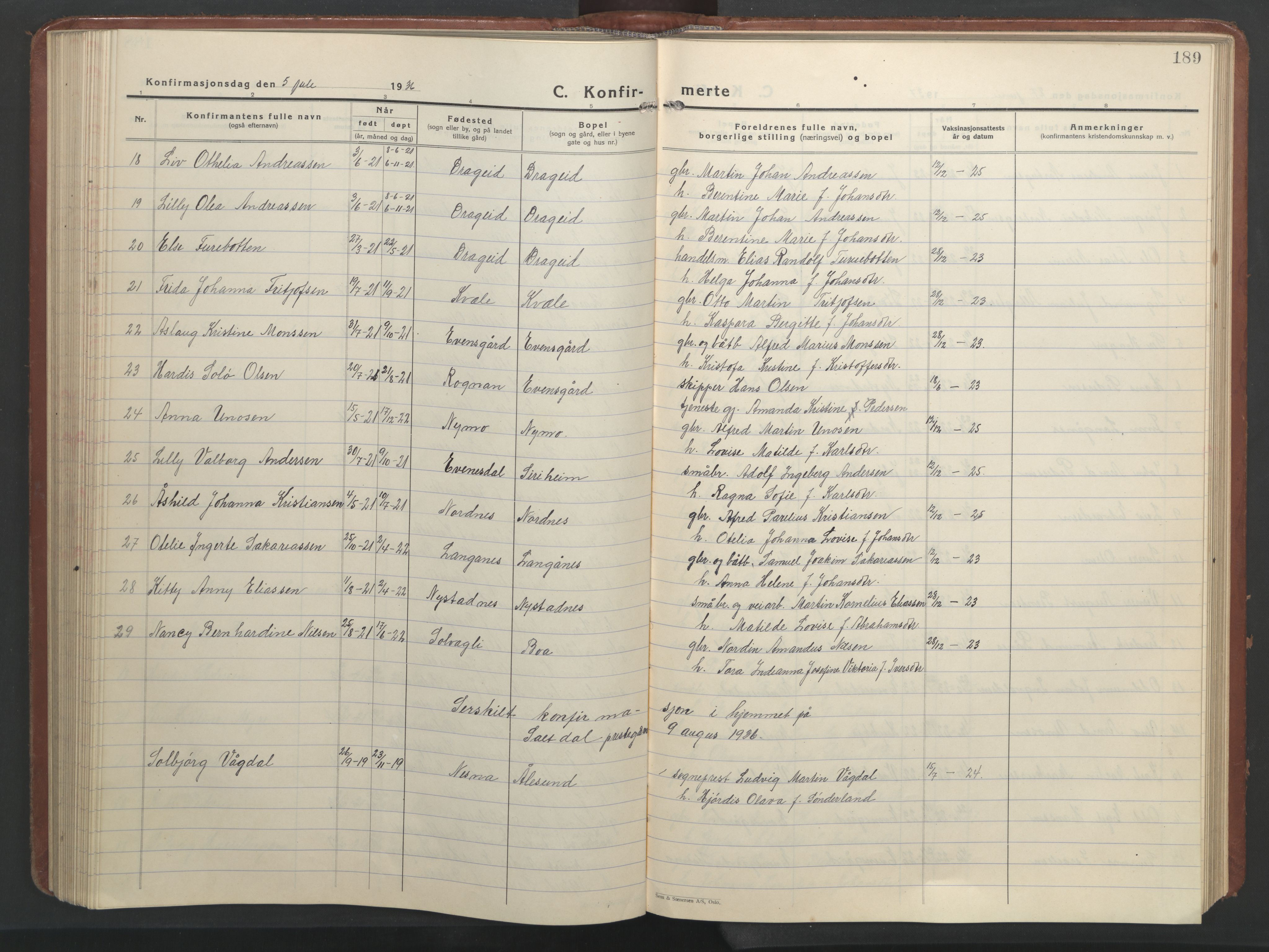 Ministerialprotokoller, klokkerbøker og fødselsregistre - Nordland, AV/SAT-A-1459/847/L0680: Parish register (copy) no. 847C08, 1930-1947, p. 189