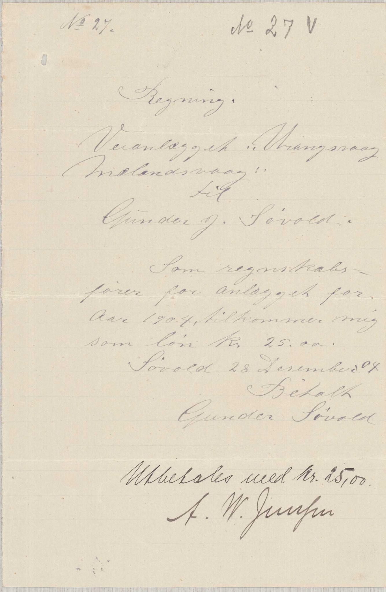 Finnaas kommune. Formannskapet, IKAH/1218a-021/E/Ea/L0002/0003: Rekneskap for veganlegg / Rekneskap for veganlegget Urangsvåg - Mælandsvåg, 1904-1905, p. 38