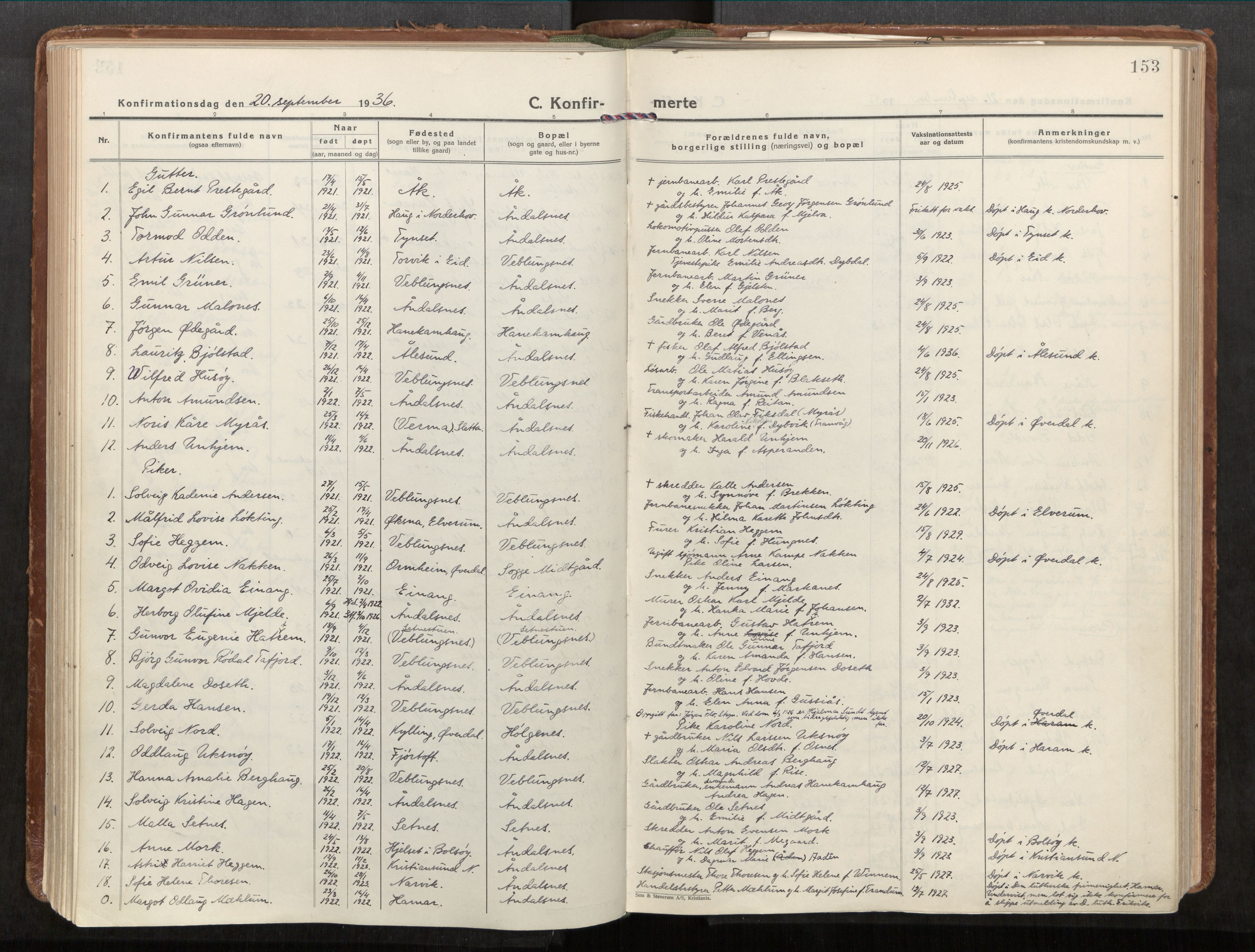 Ministerialprotokoller, klokkerbøker og fødselsregistre - Møre og Romsdal, SAT/A-1454/544/L0587: Parish register (official) no. 544A11, 1924-1954, p. 153