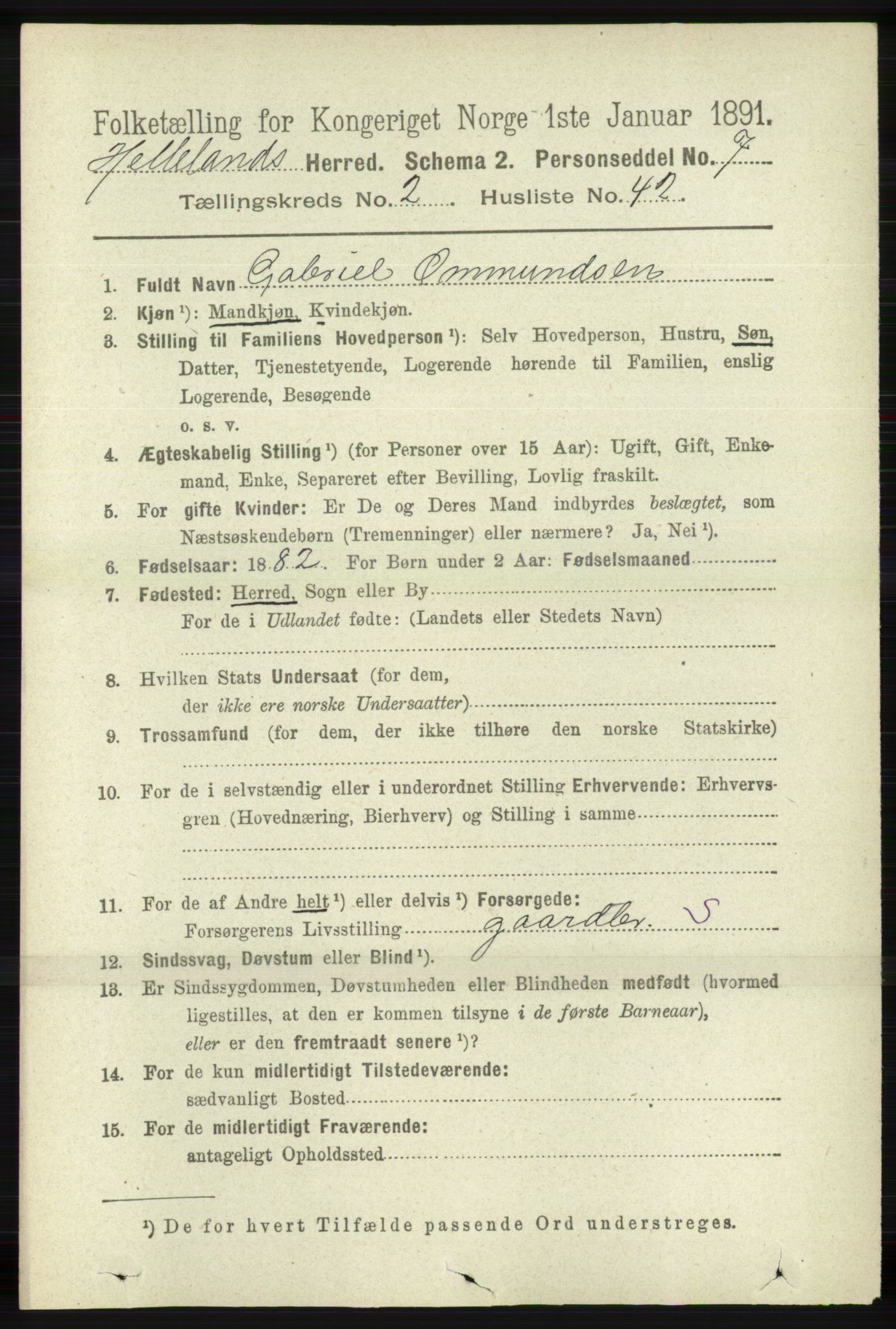 RA, 1891 census for 1115 Helleland, 1891, p. 663