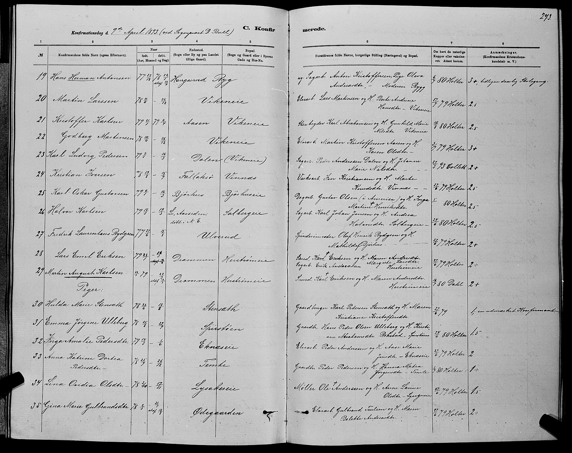 Nedre Eiker kirkebøker, AV/SAKO-A-612/G/Ga/L0002: Parish register (copy) no. 2, 1880-1896, p. 273