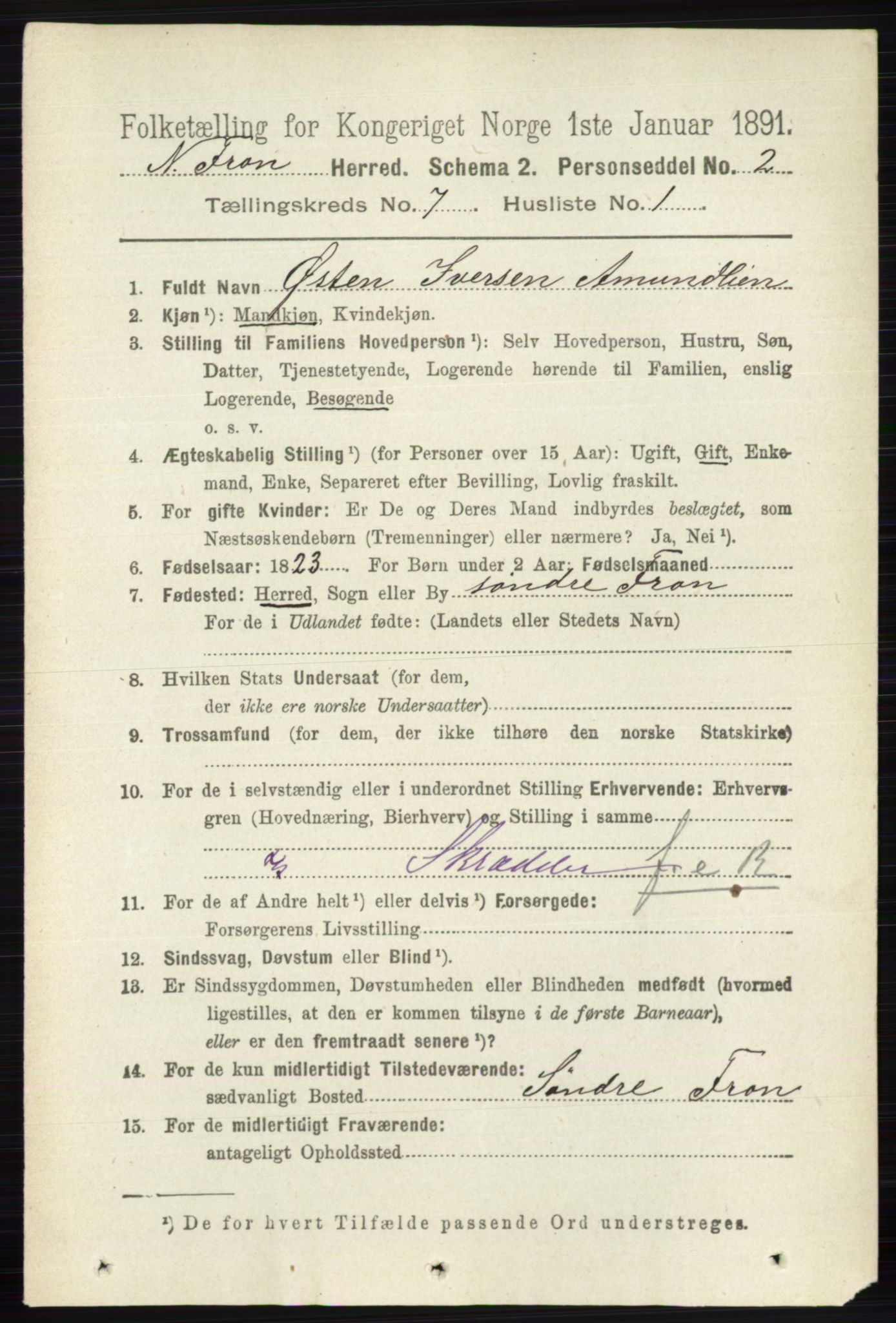 RA, 1891 census for 0518 Nord-Fron, 1891, p. 2838