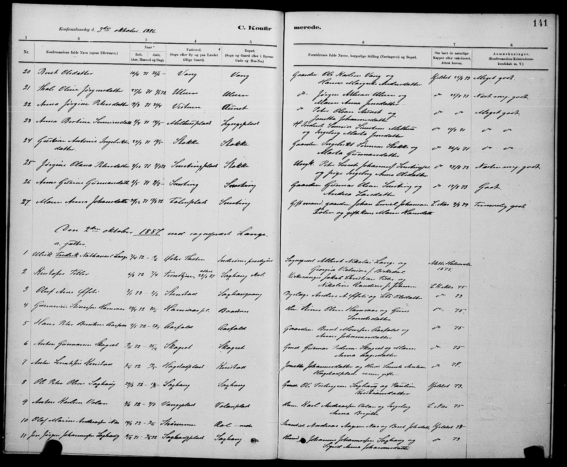 Ministerialprotokoller, klokkerbøker og fødselsregistre - Nord-Trøndelag, SAT/A-1458/730/L0301: Parish register (copy) no. 730C04, 1880-1897, p. 141