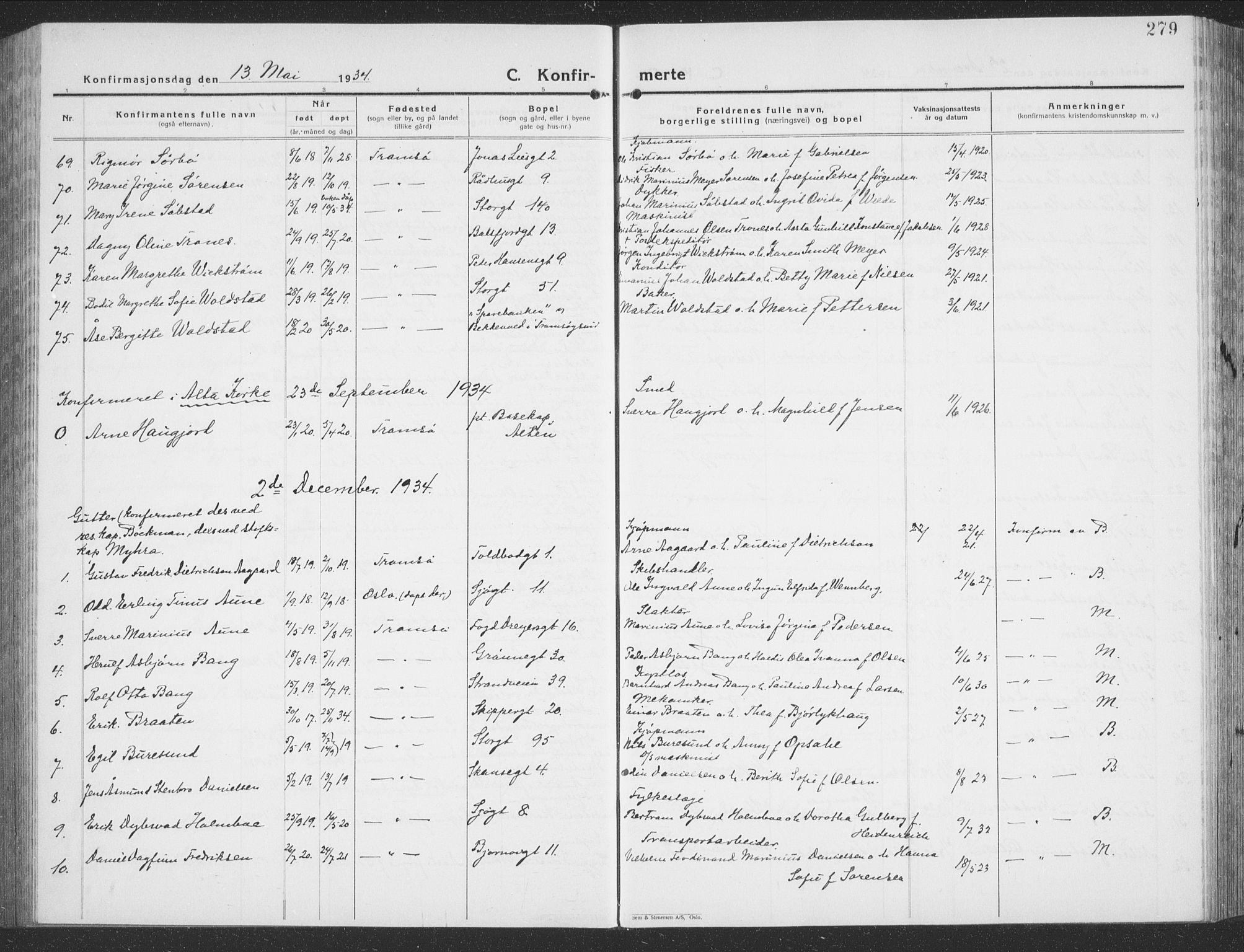 Tromsø sokneprestkontor/stiftsprosti/domprosti, AV/SATØ-S-1343/G/Gb/L0010klokker: Parish register (copy) no. 10, 1925-1937, p. 279