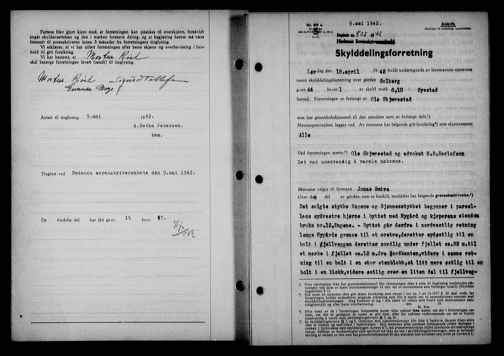 Nedenes sorenskriveri, SAK/1221-0006/G/Gb/Gba/L0049: Mortgage book no. A-III, 1941-1942, Diary no: : 502/1942