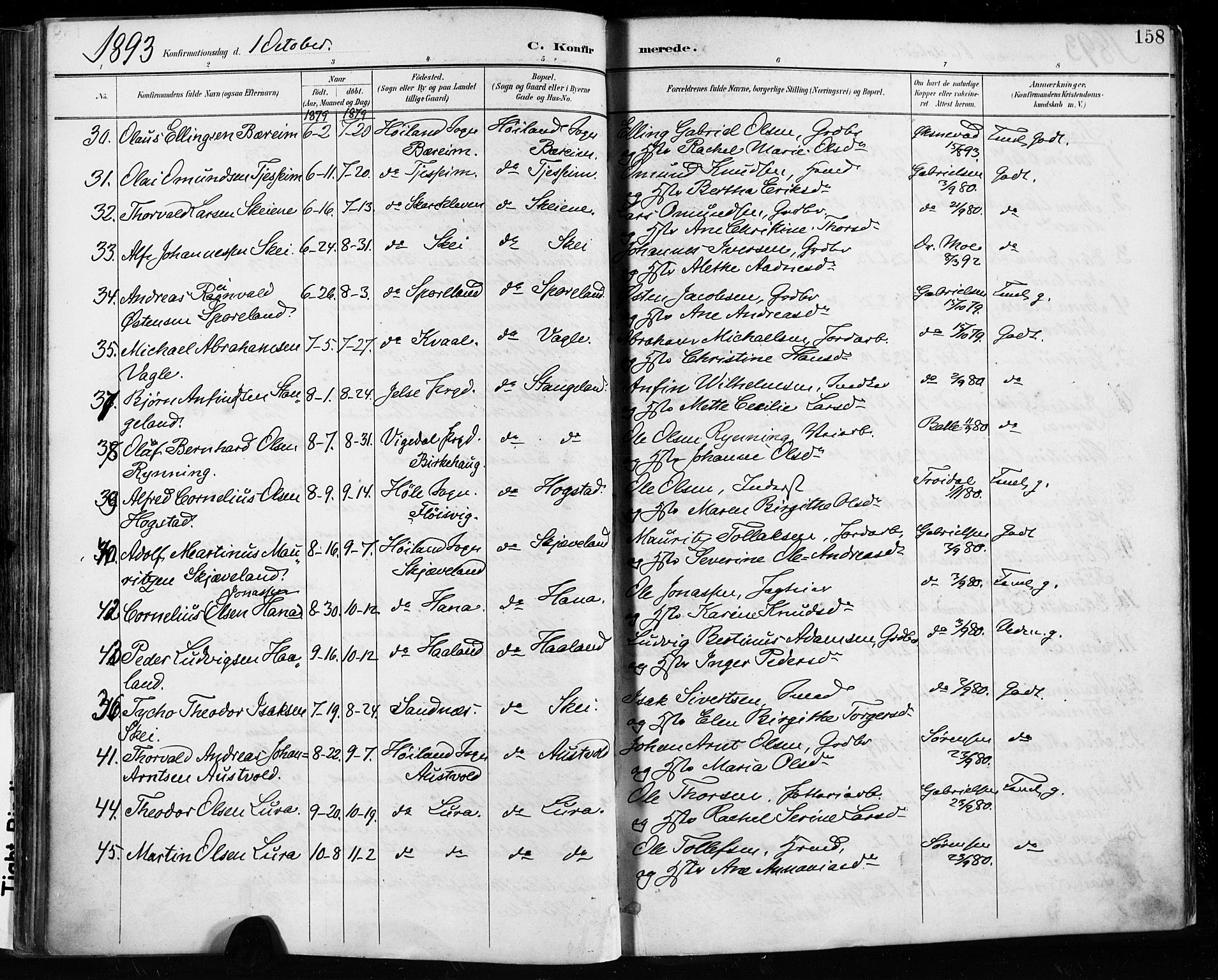 Høyland sokneprestkontor, SAST/A-101799/001/30BA/L0013: Parish register (official) no. A 13.1, 1889-1898, p. 158