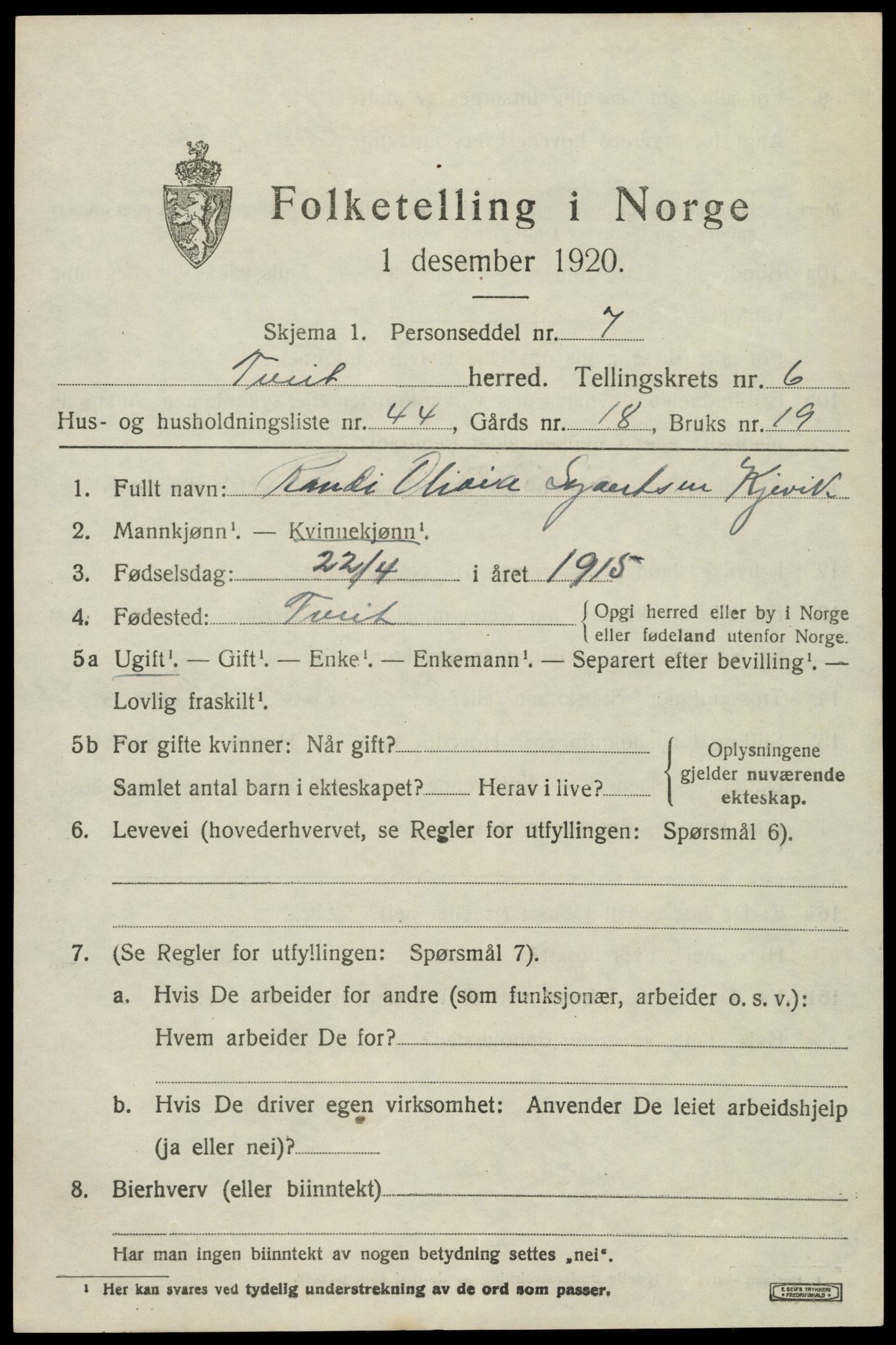 SAK, 1920 census for Tveit, 1920, p. 3192