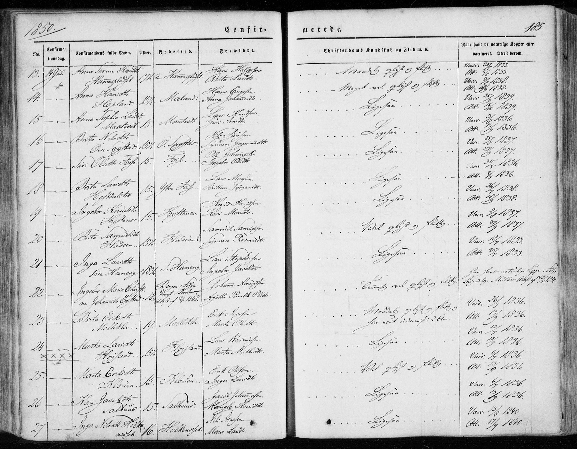 Hamre sokneprestembete, AV/SAB-A-75501/H/Ha/Haa/Haaa/L0013: Parish register (official) no. A 13, 1846-1857, p. 185