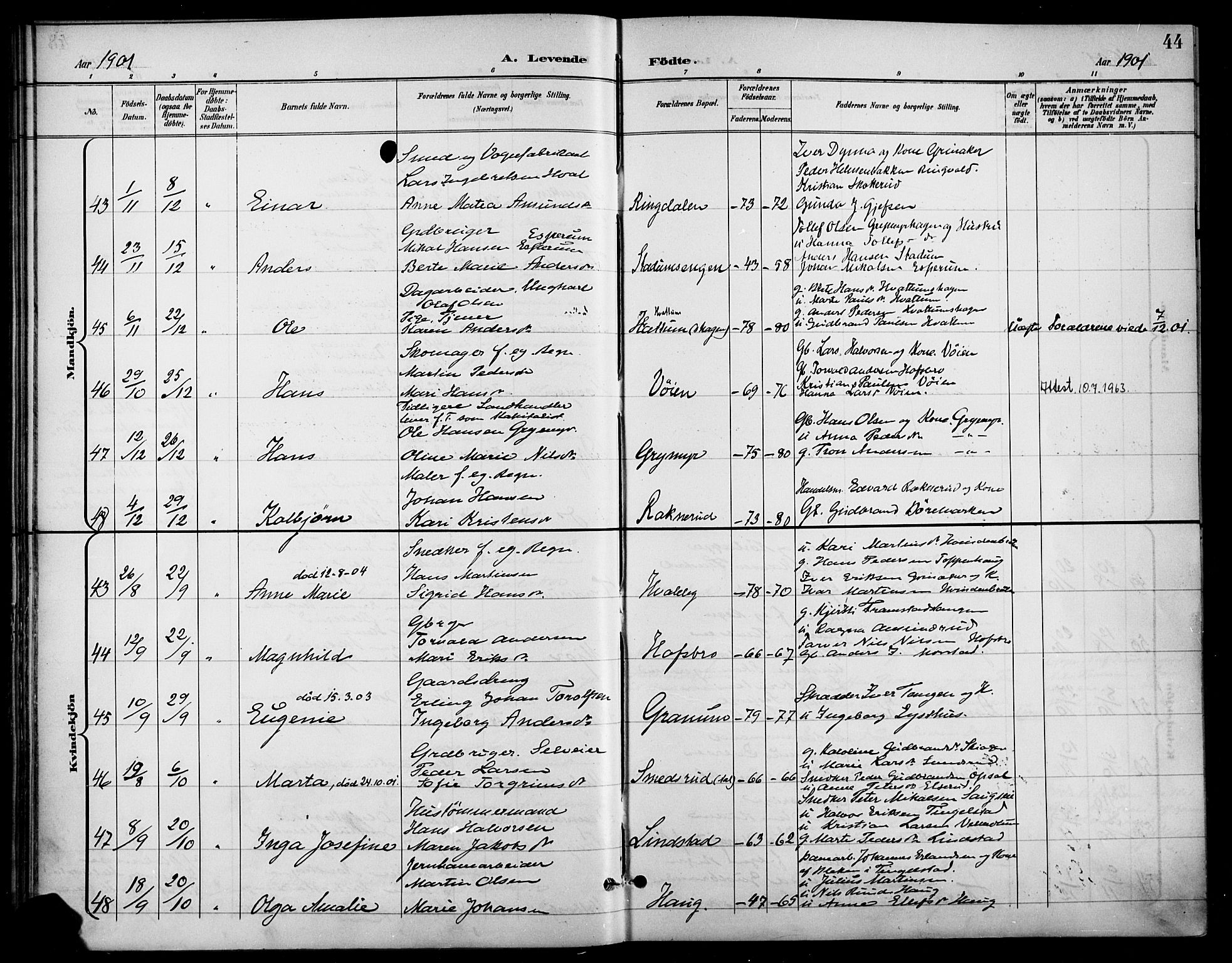 Gran prestekontor, SAH/PREST-112/H/Ha/Haa/L0019: Parish register (official) no. 19, 1898-1907, p. 44