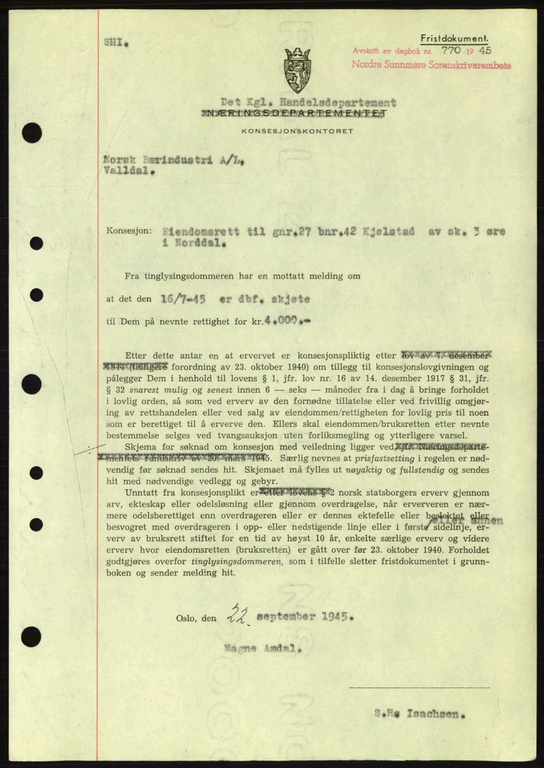 Nordre Sunnmøre sorenskriveri, SAT/A-0006/1/2/2C/2Ca: Mortgage book no. B6-14 a, 1942-1945, Diary no: : 770/1945