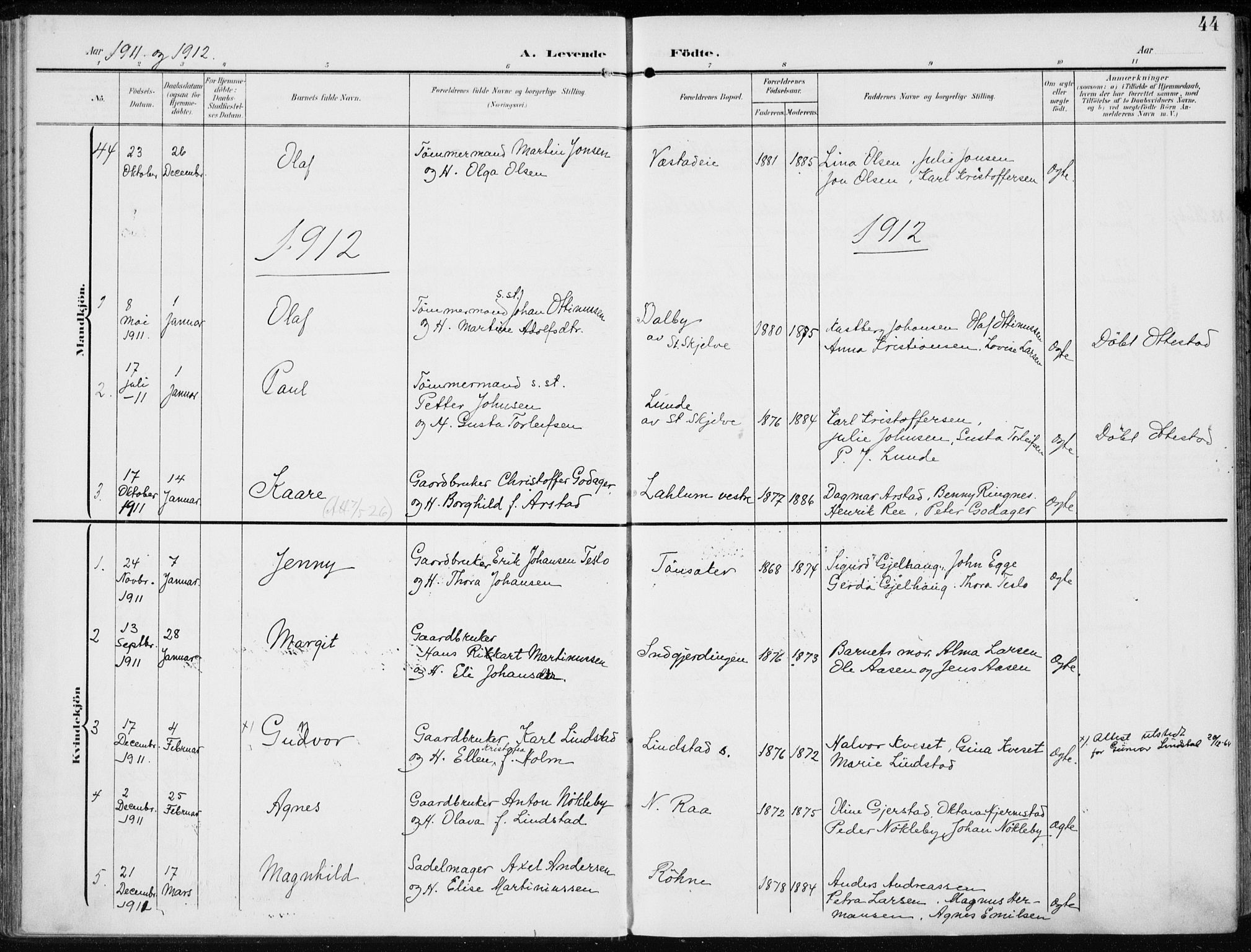 Stange prestekontor, SAH/PREST-002/K/L0024: Parish register (official) no. 24, 1906-1922, p. 44