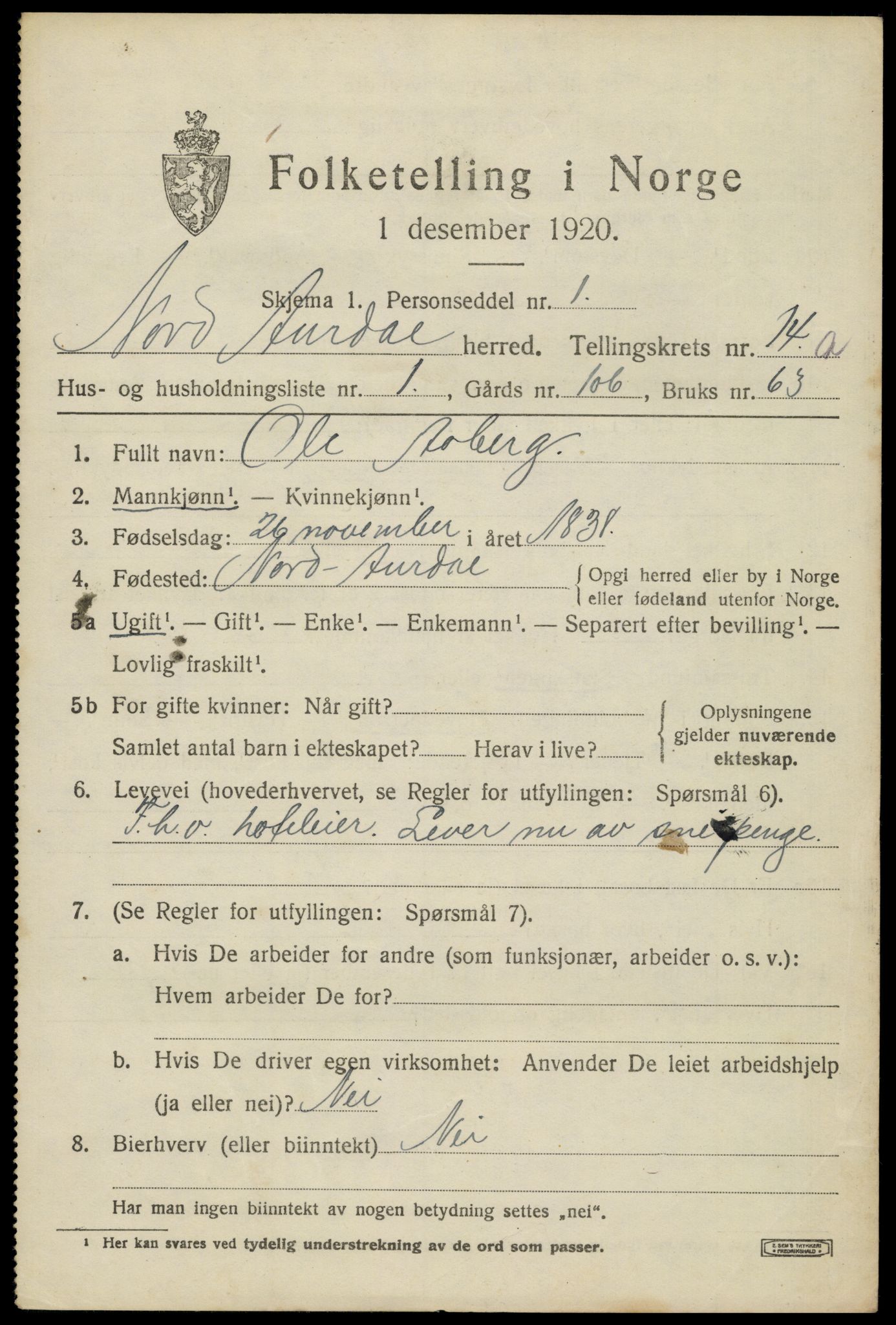 SAH, 1920 census for Nord-Aurdal, 1920, p. 10984