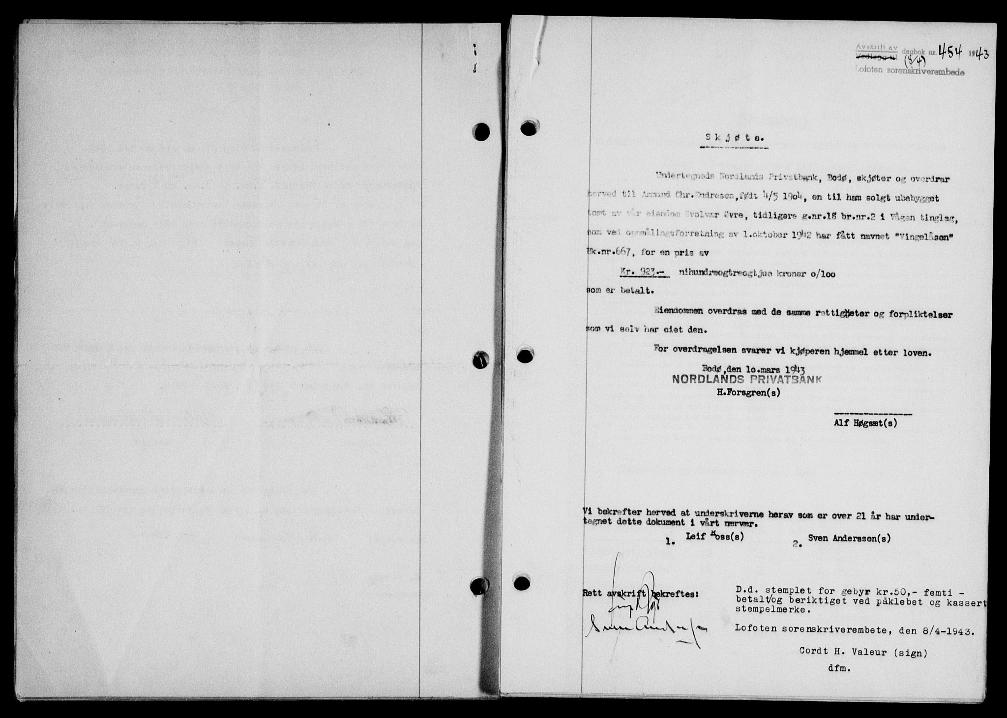 Lofoten sorenskriveri, SAT/A-0017/1/2/2C/L0011a: Mortgage book no. 11a, 1943-1943, Diary no: : 454/1943