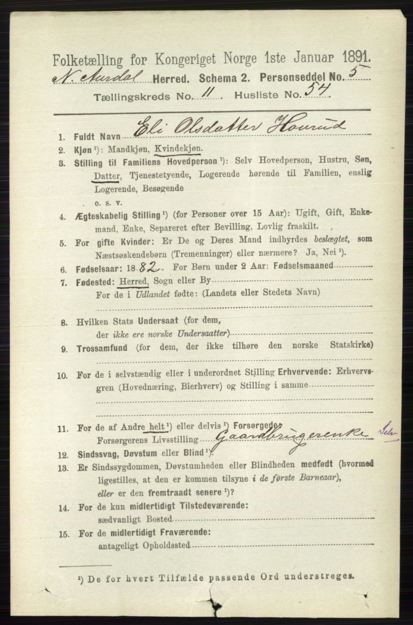 RA, 1891 census for 0542 Nord-Aurdal, 1891, p. 4460