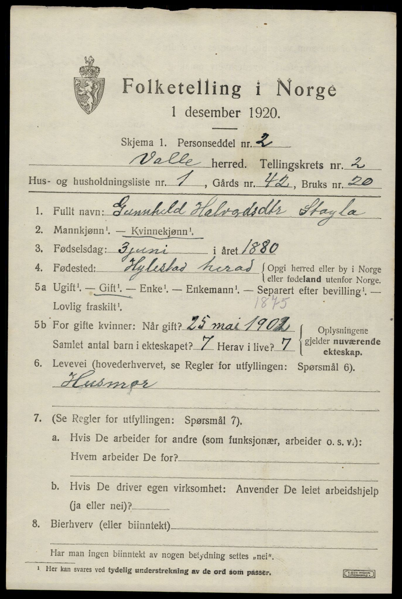 SAK, 1920 census for Valle, 1920, p. 955